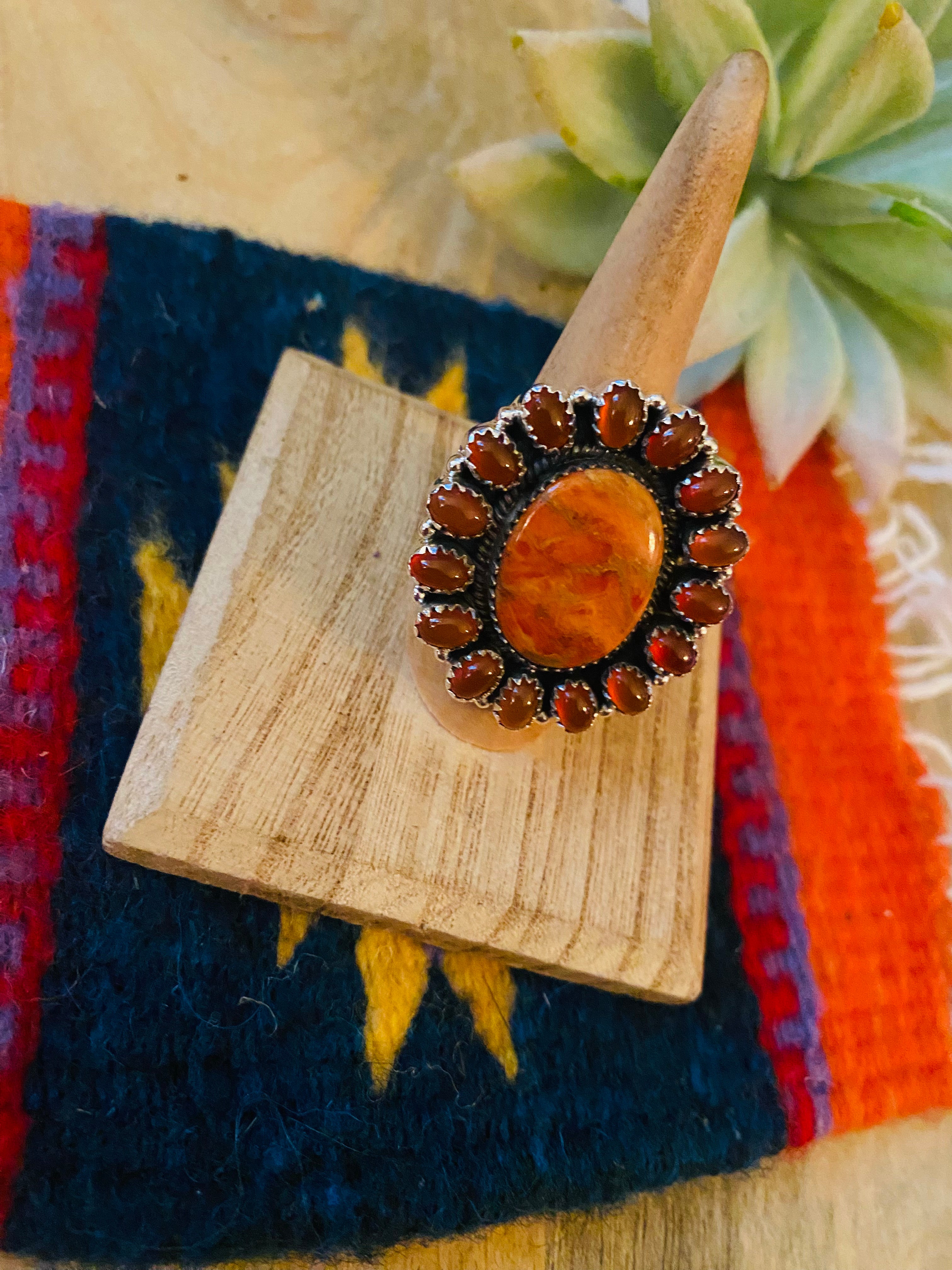 Handmade Sterling Silver, Carnelian & Spiny Mohave Cluster Adjustable Ring