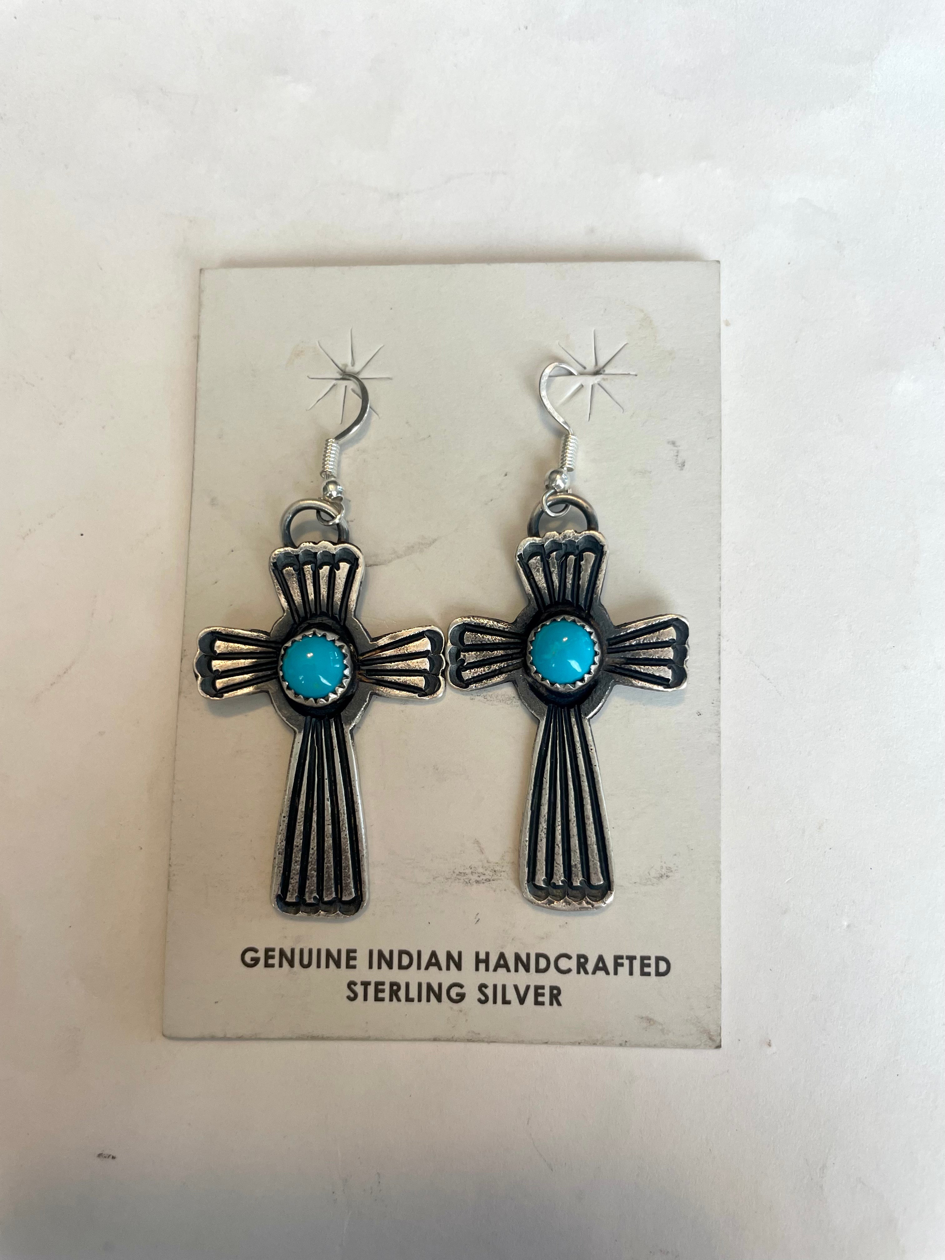 Navajo Turquoise And Sterling Silver Cross Earrings