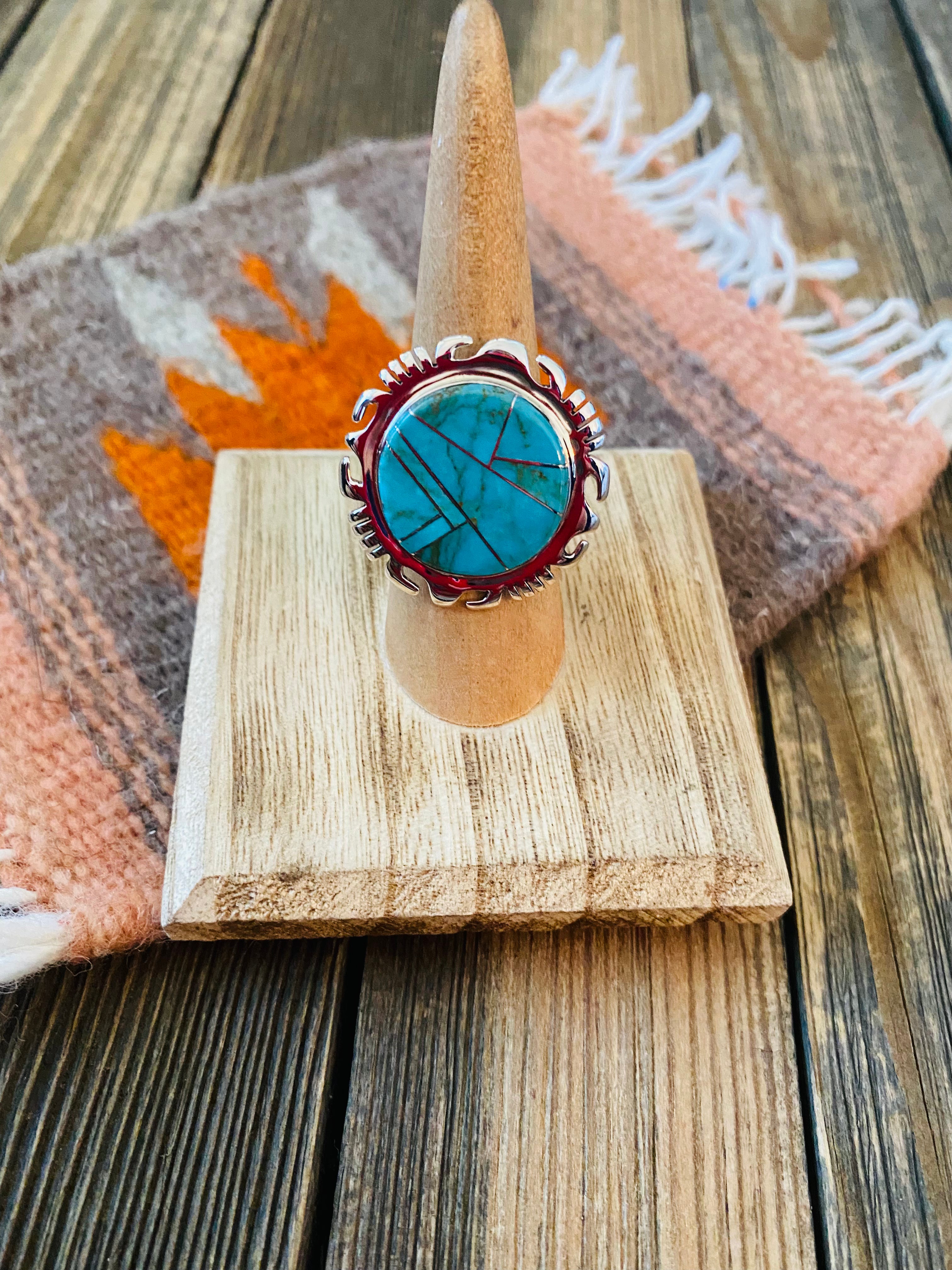 Navajo Sterling Silver & Turquoise Inlay Ring Size 6.5