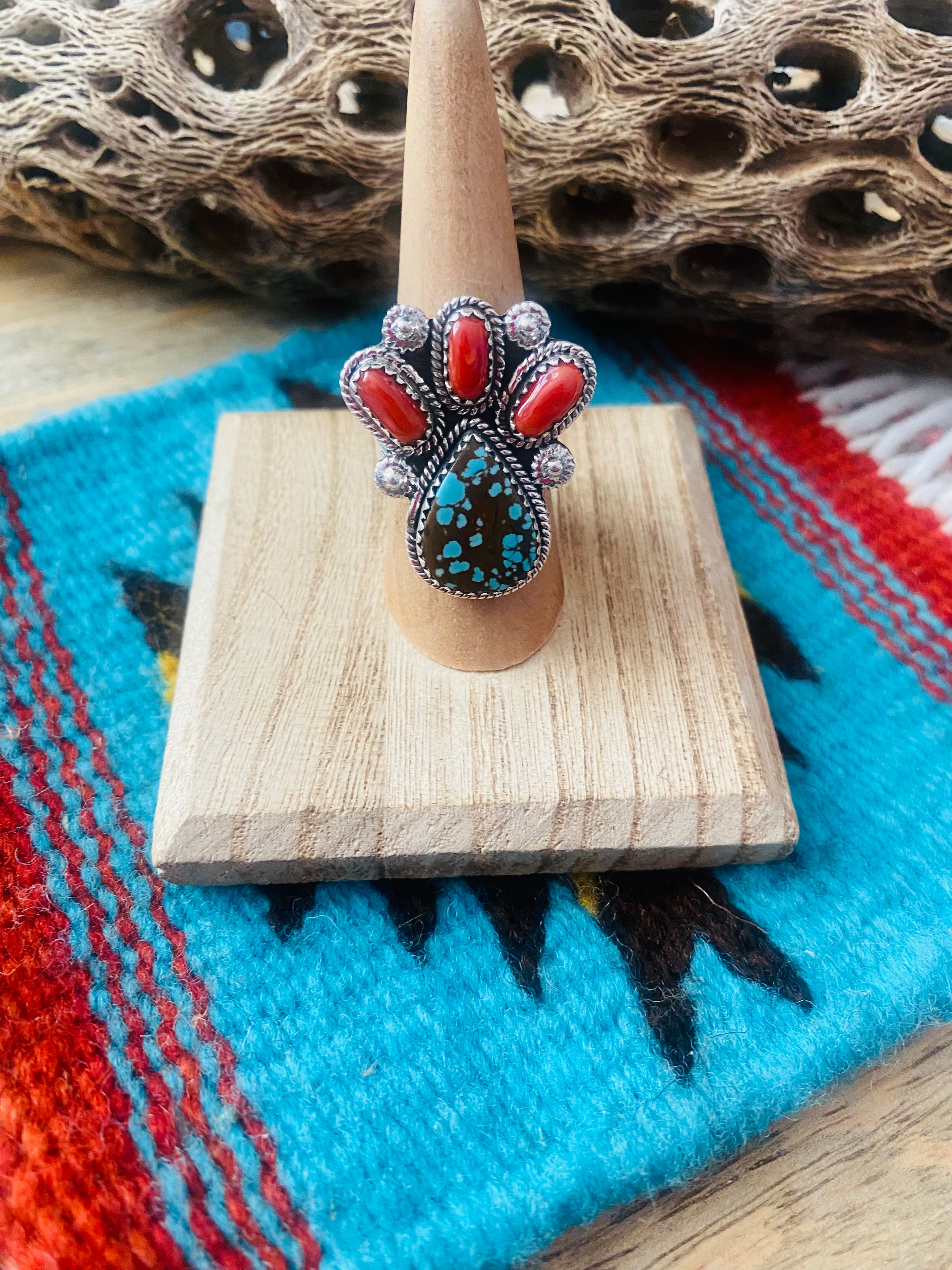 Handmade Sterling Silver, Coral & Number 8 Turquoise Adjustable Ring