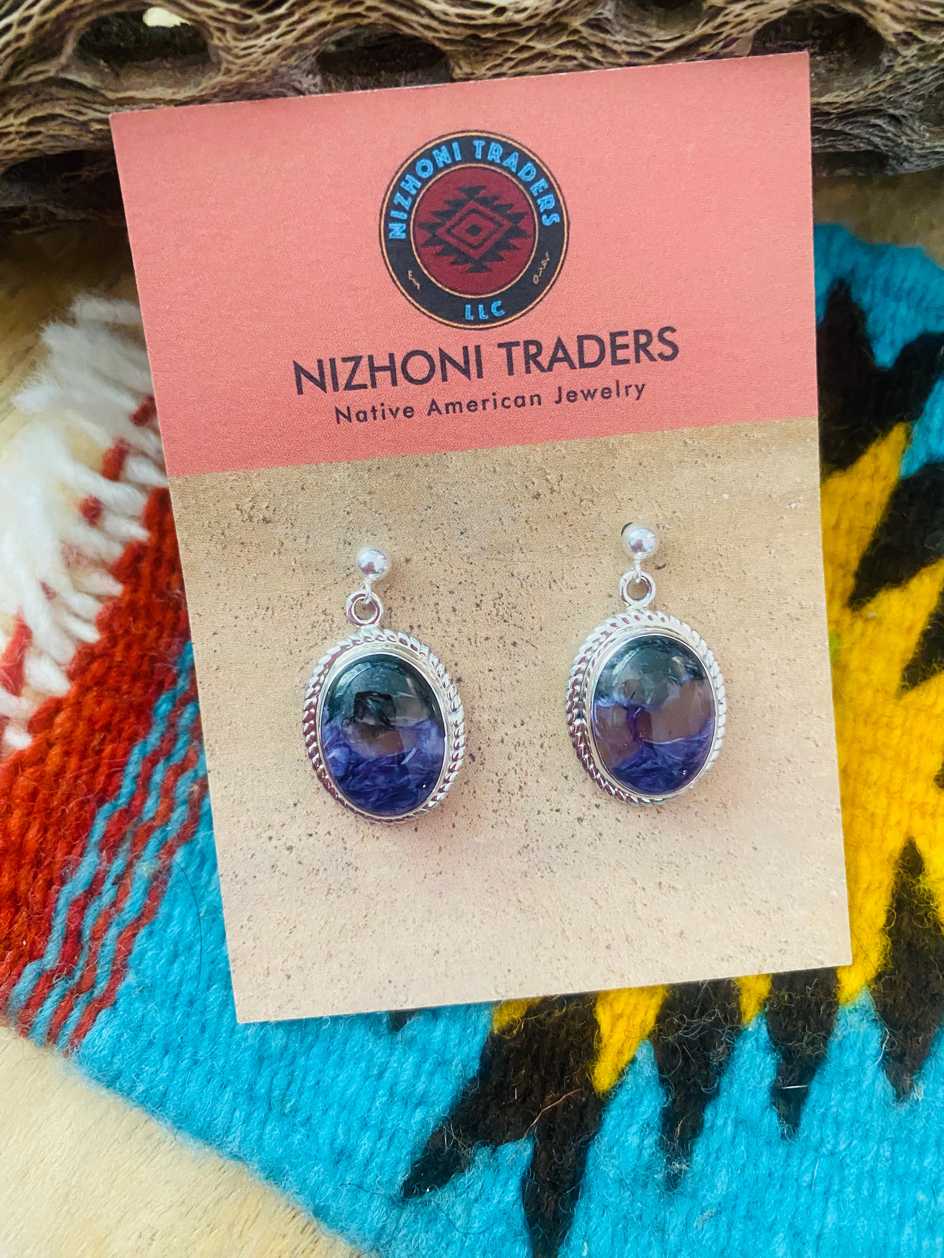 Navajo Charoite & Sterling Silver Dangle Earrings Signed