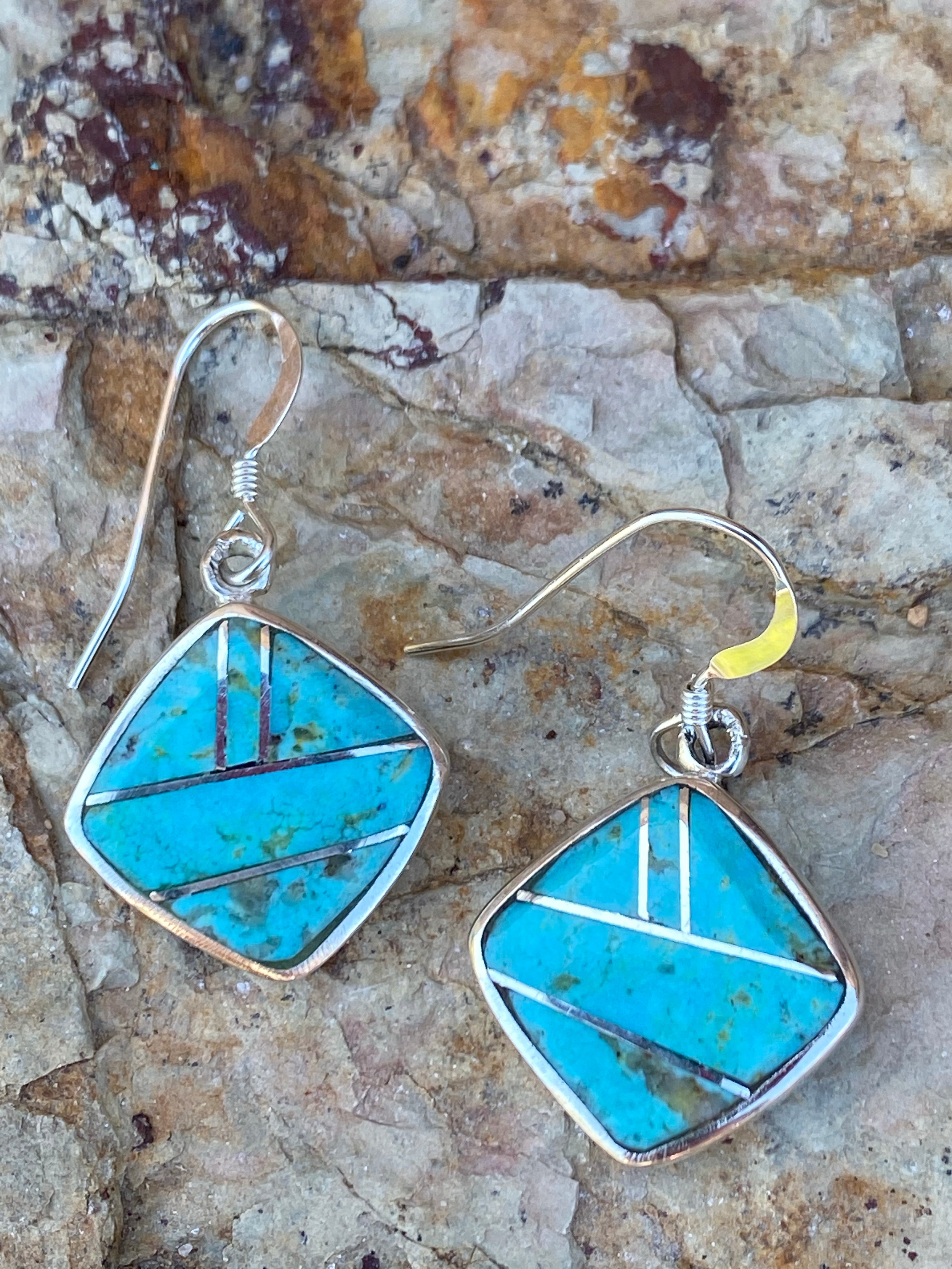 Handcrafted Turquoise 8 & Sterling Silver Mini Square Dangle Earrings