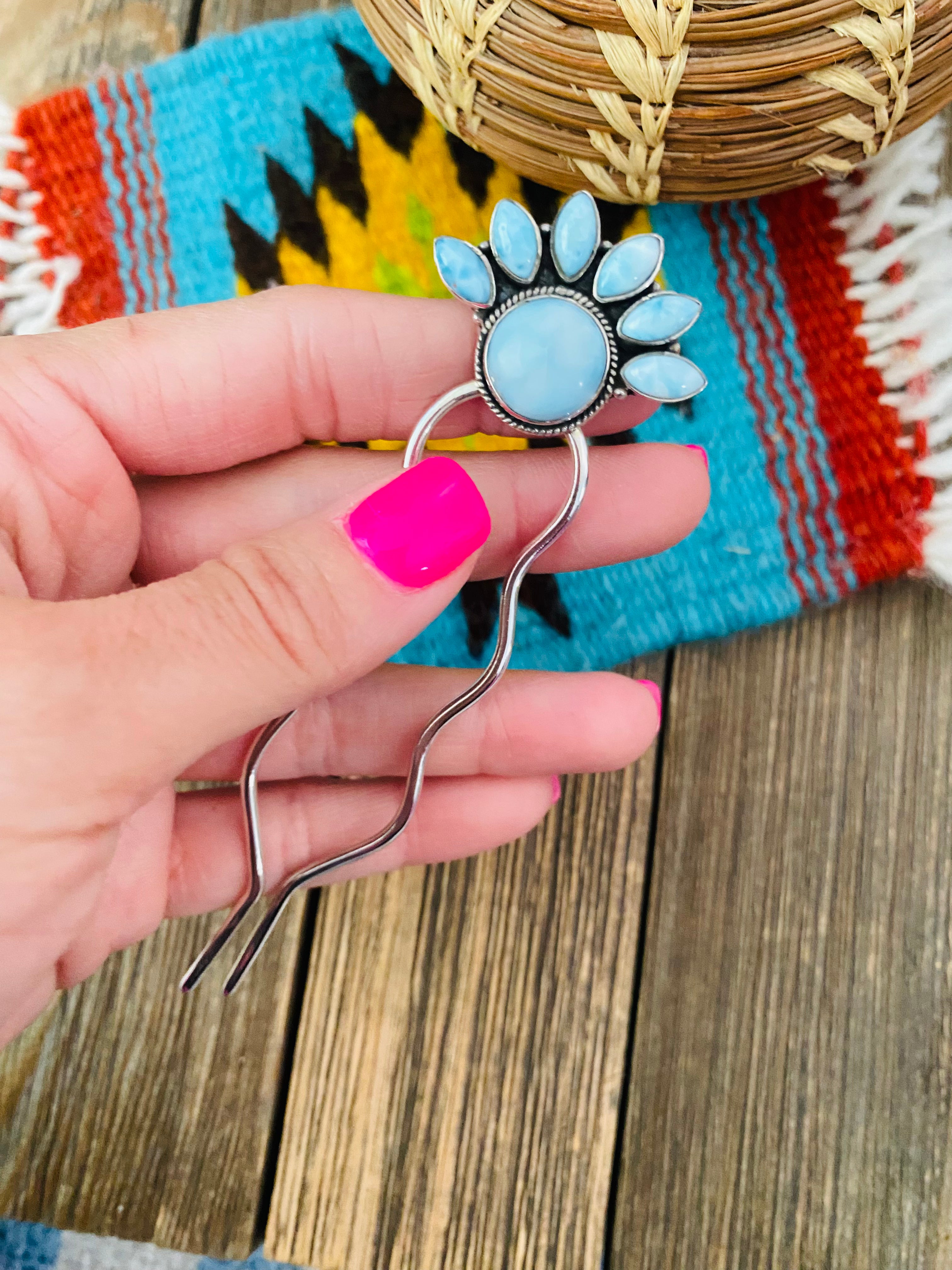 Handmade Larimar & Sterling Silver Hair Pin