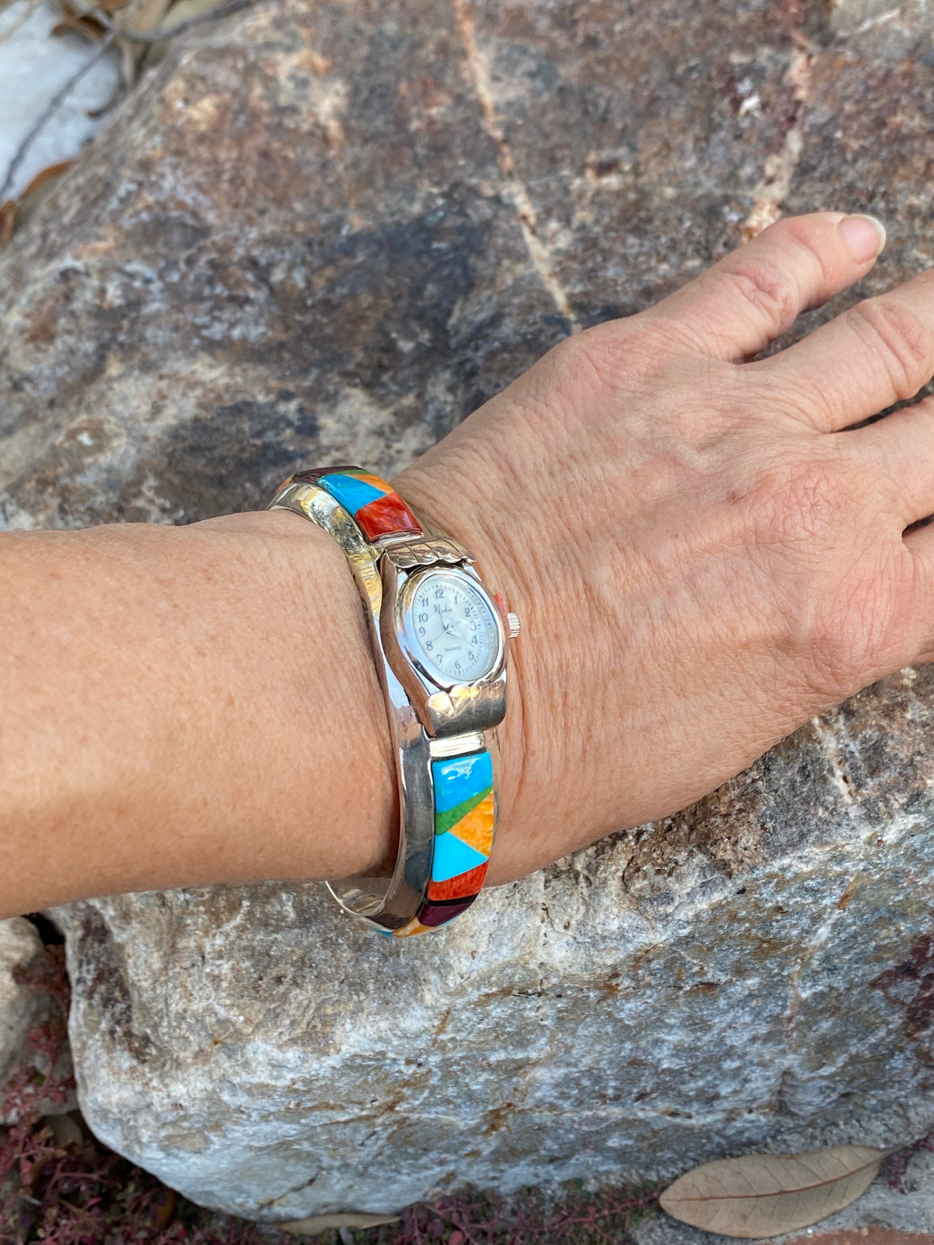 Navajo Turquoise, Purple spiny & Sterling silver Inlay Watch