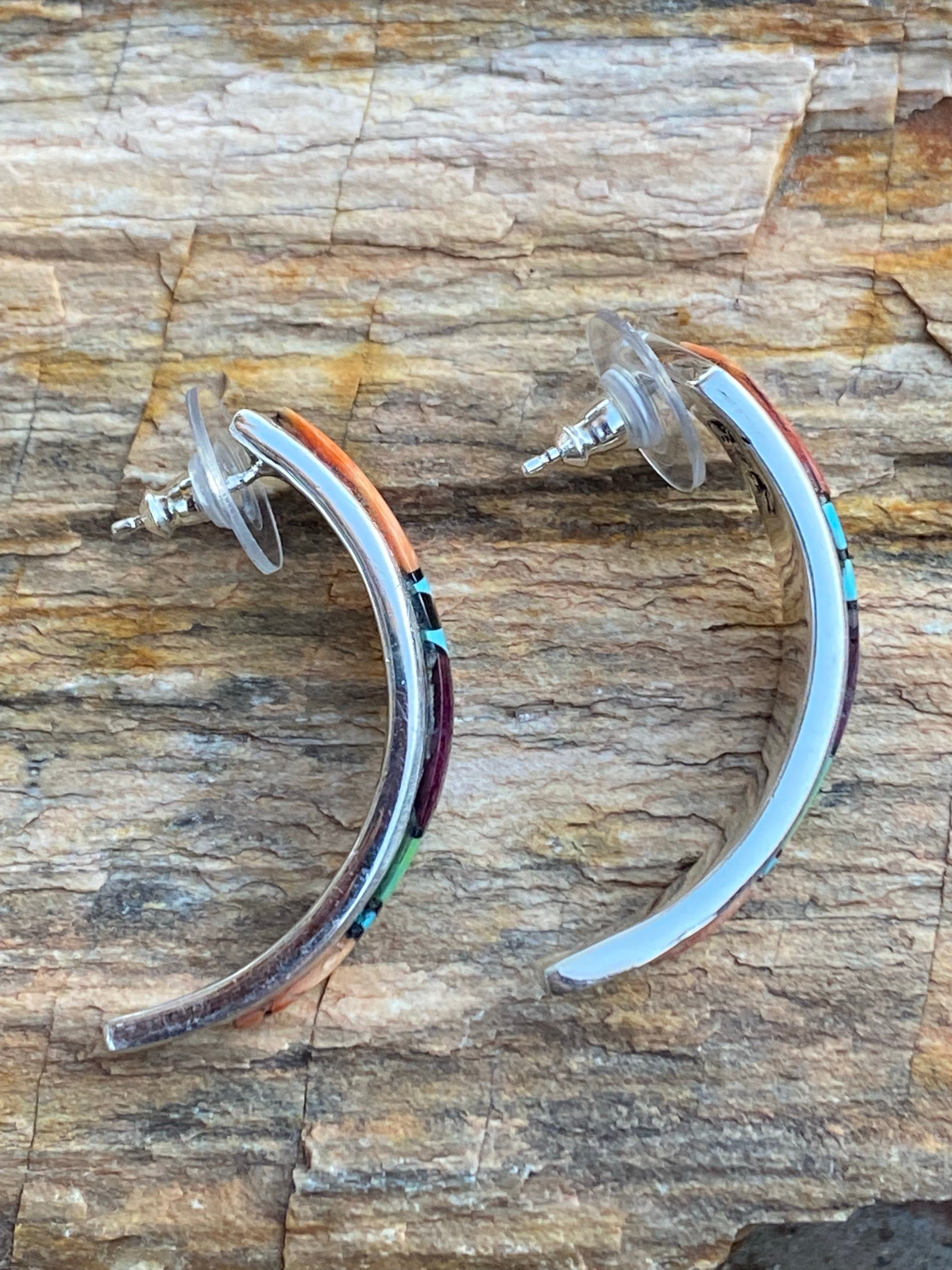 Navajo Turquoise Orange Spiny Half Hoop Stud Earrings