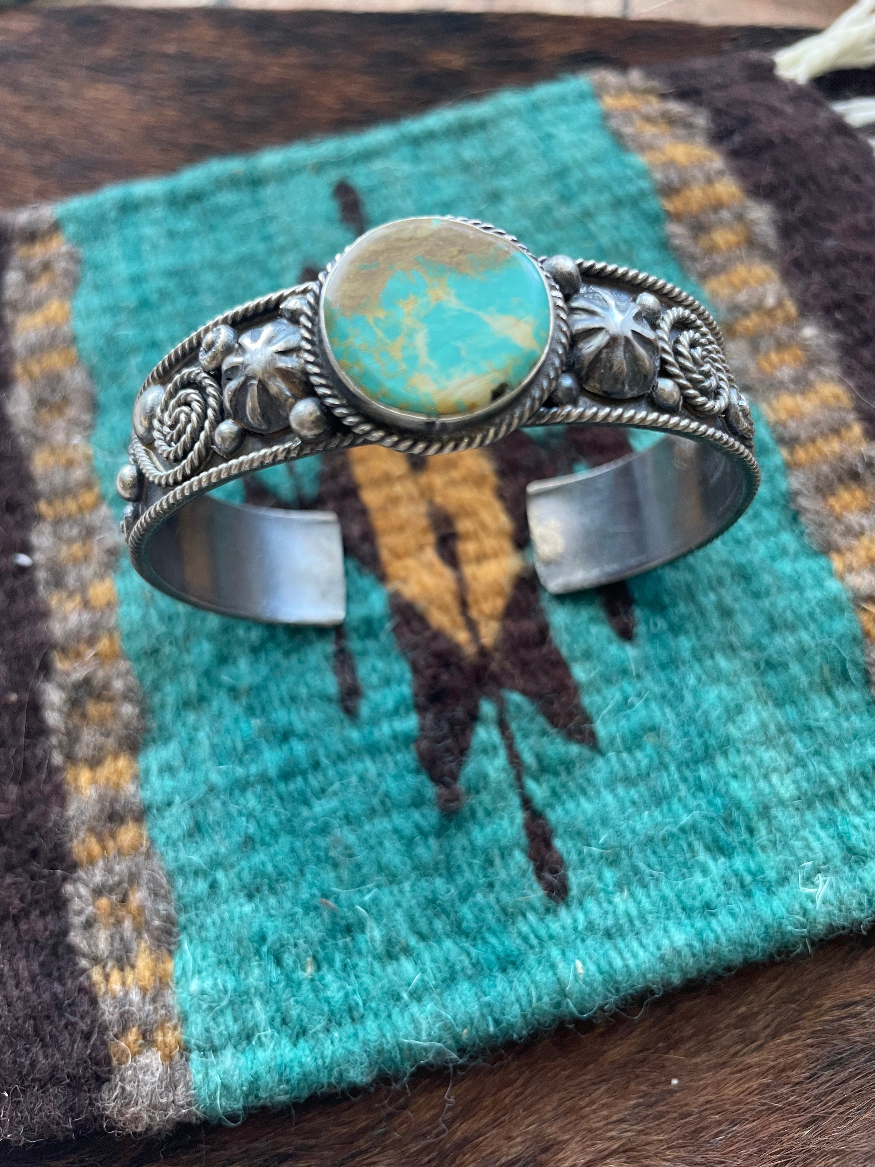 Navajo Turquoise & Sterling Silver Cuff Bracelet Signed Jacquline Silver