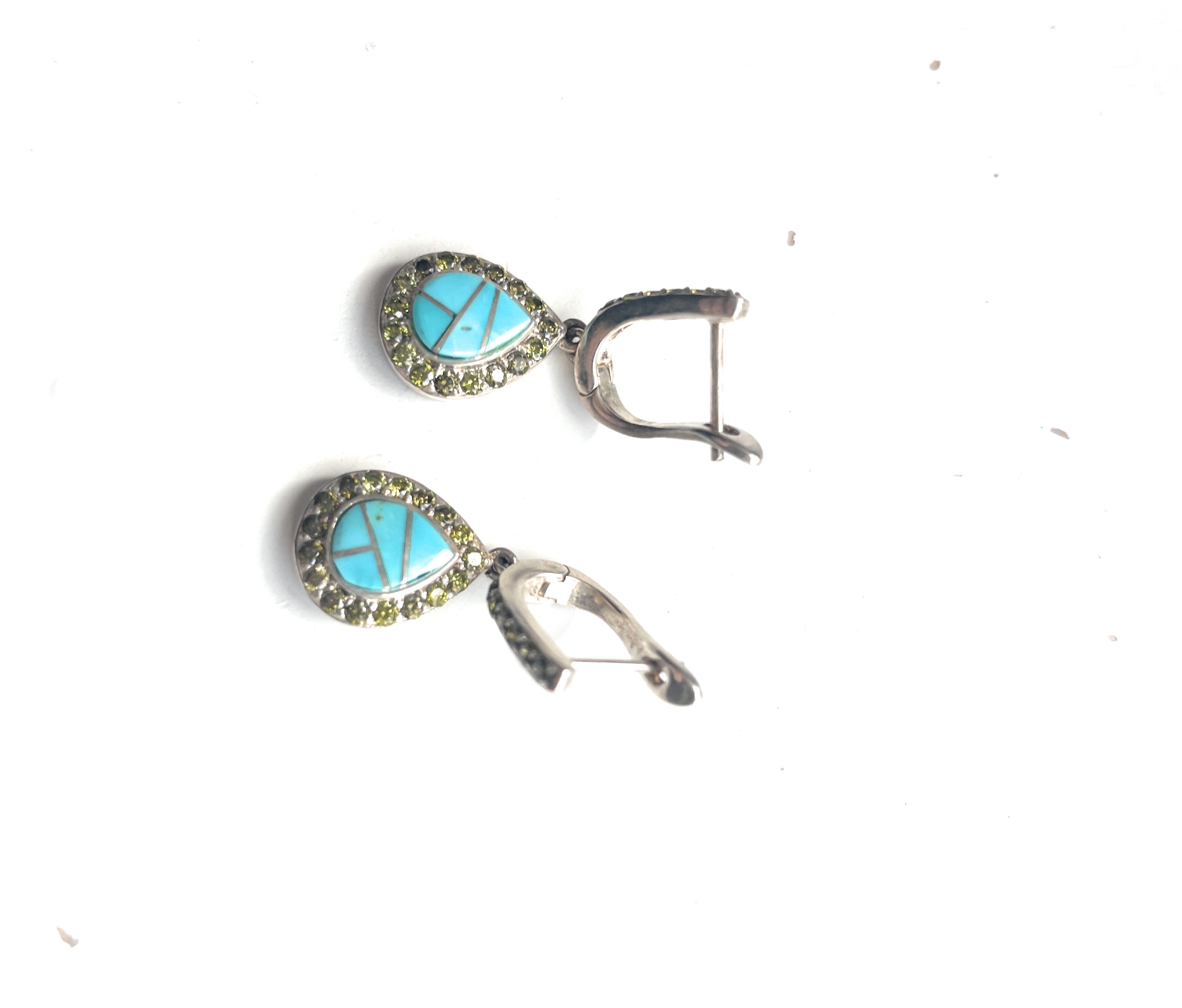 Navajo Turquoise Inlay, Peridot & Sterling Silver Dangle Earrings