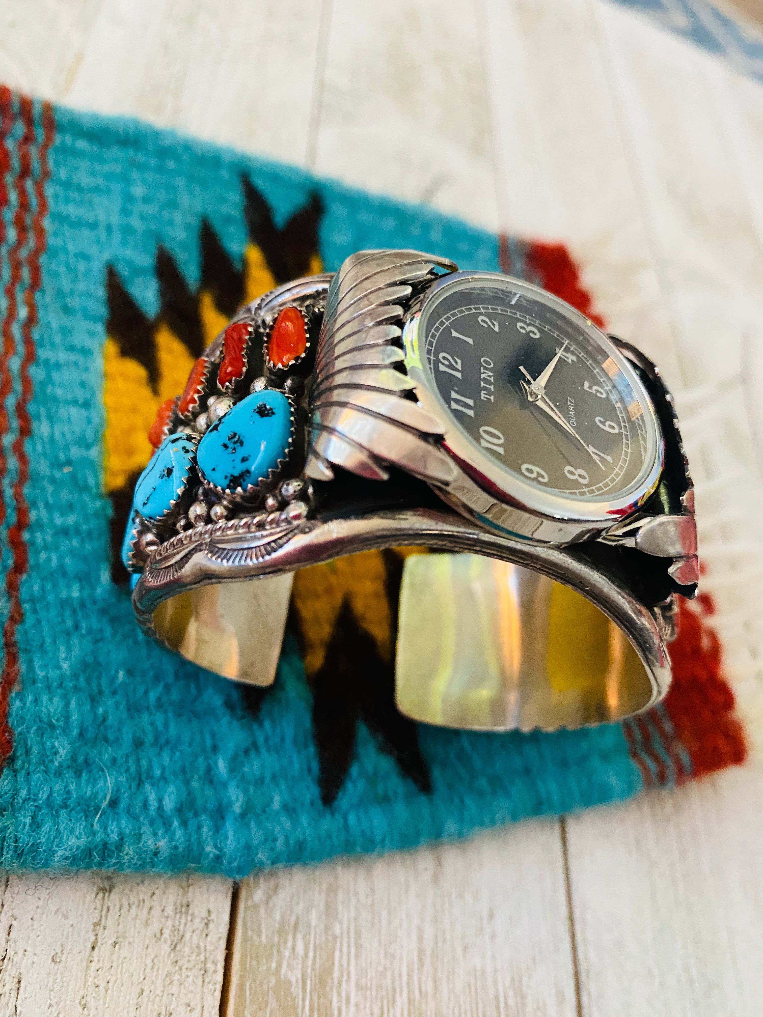 Old Pawn Vintage Navajo Turquoise Coral Sterling Silver Watch Cuff