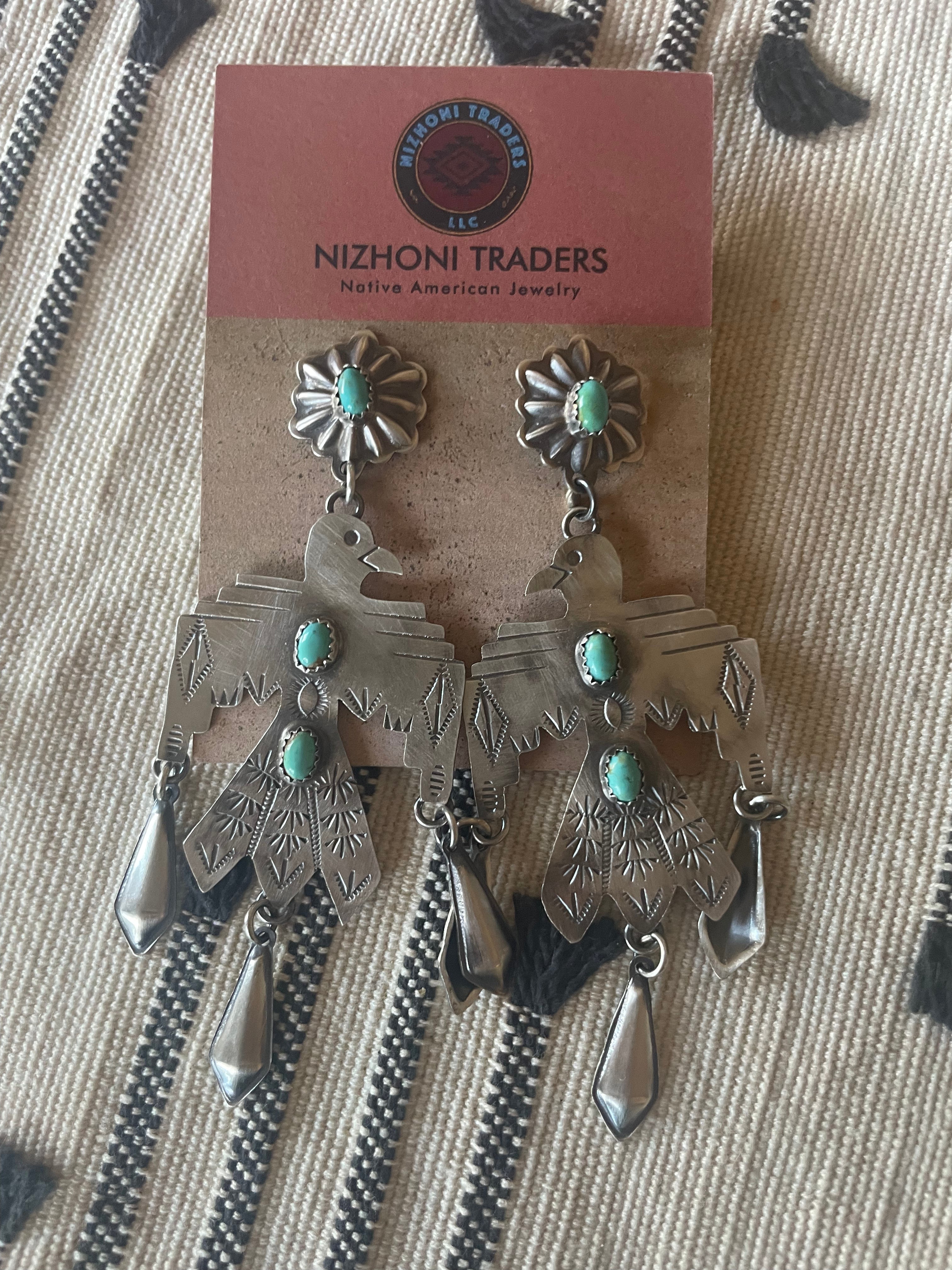 Navajo Sterling Silver & Turquoise Thunderbird Dangle Earrings