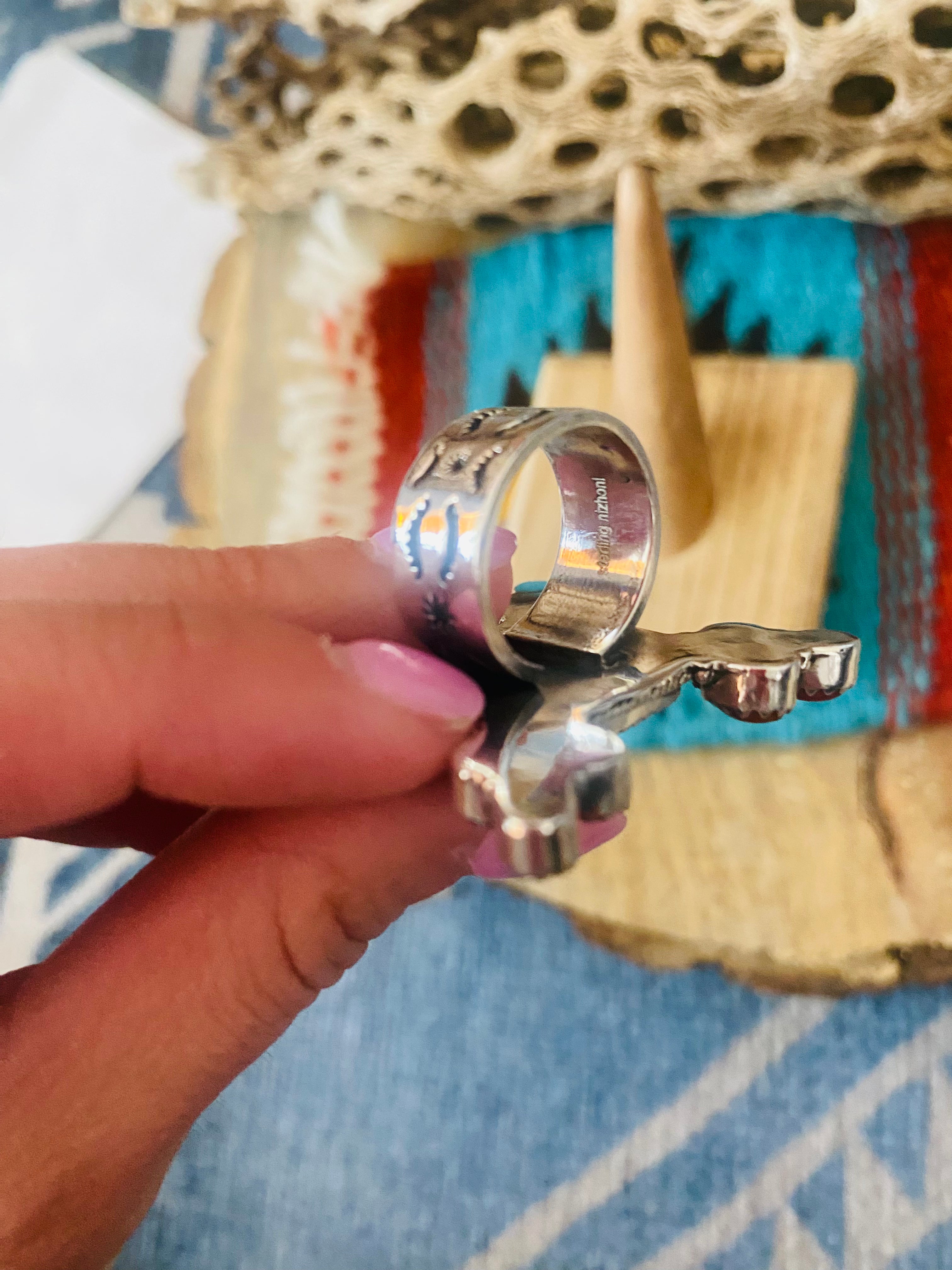 Handmade Sterling Silver, Fordite & Coral Cluster Adjustable Ring