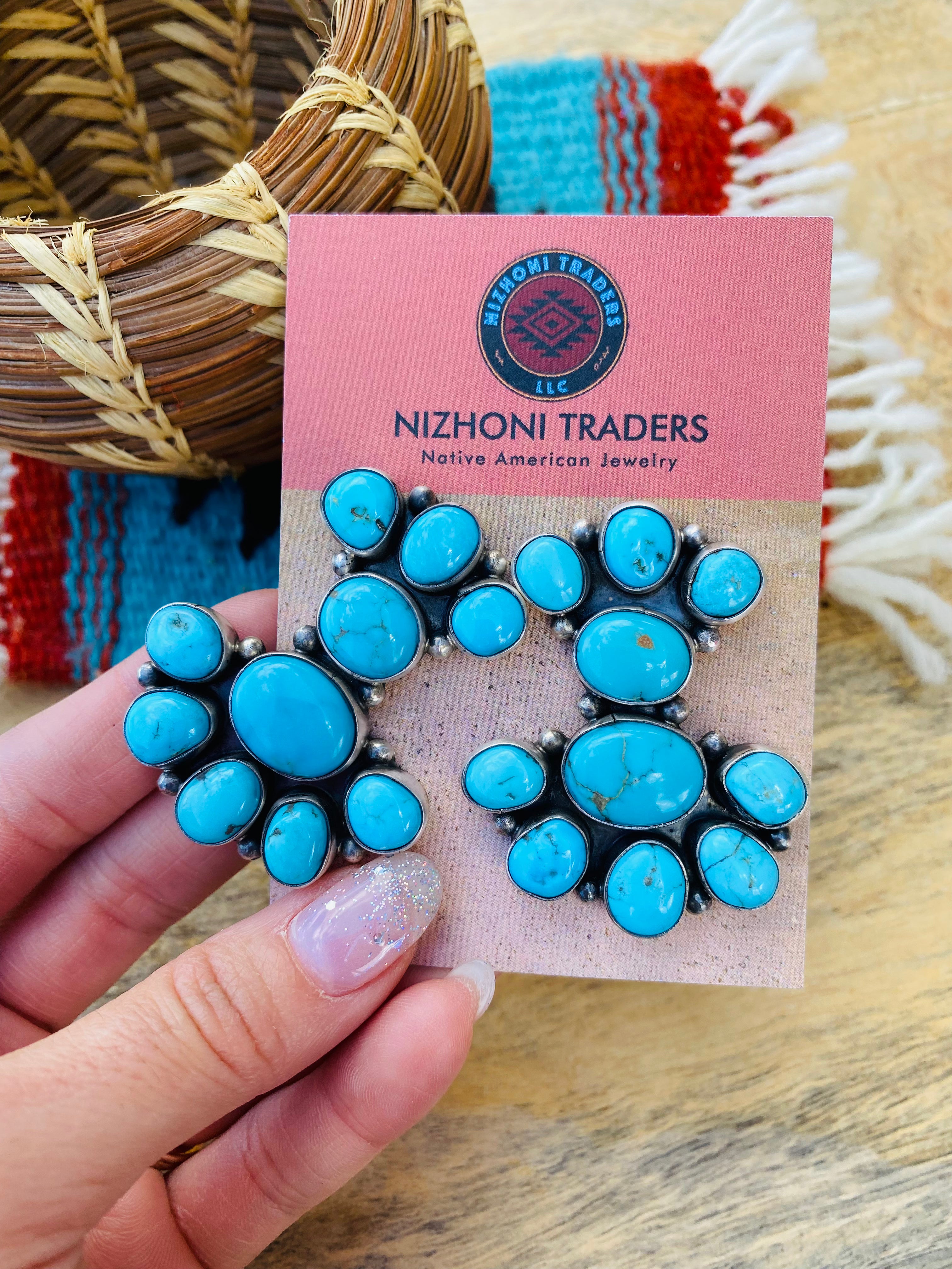 Navajo Sterling Silver & Kingman Turquoise Cluster Earrings