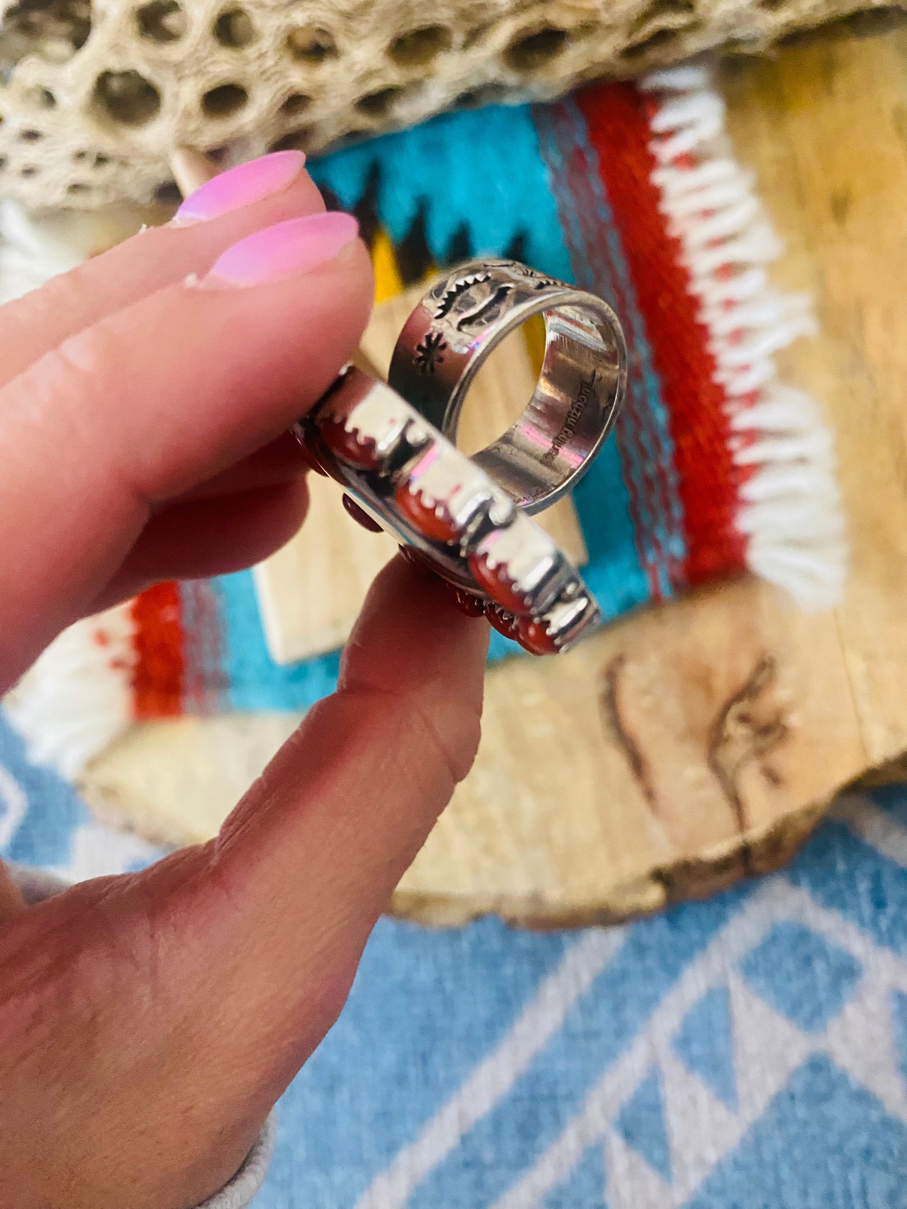 Handmade Sterling Silver, Fordite & Coral Cluster Adjustable Ring