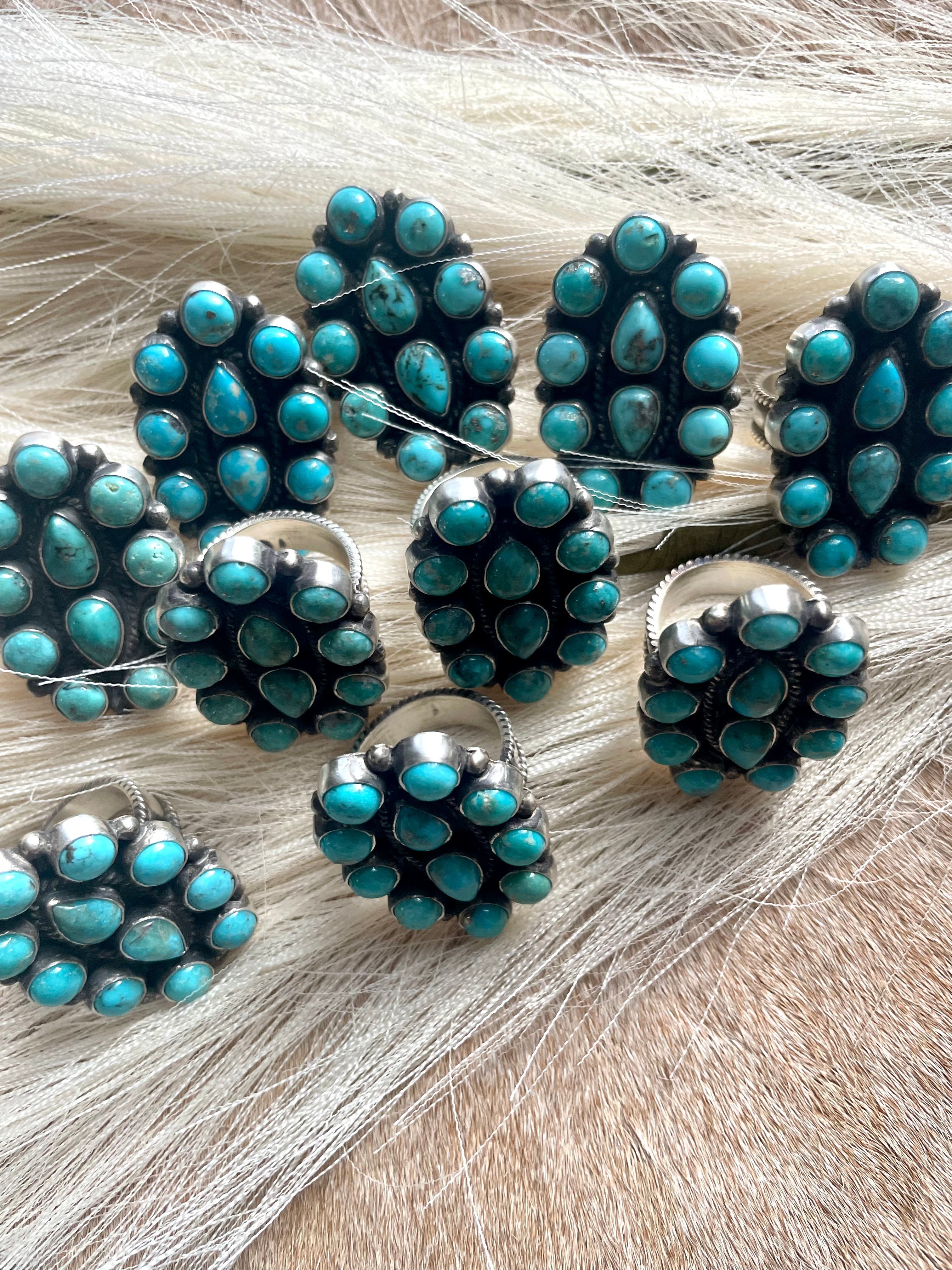 Navajo Sterling Silver And Turquoise Beautiful Adjustable Cluster Rings