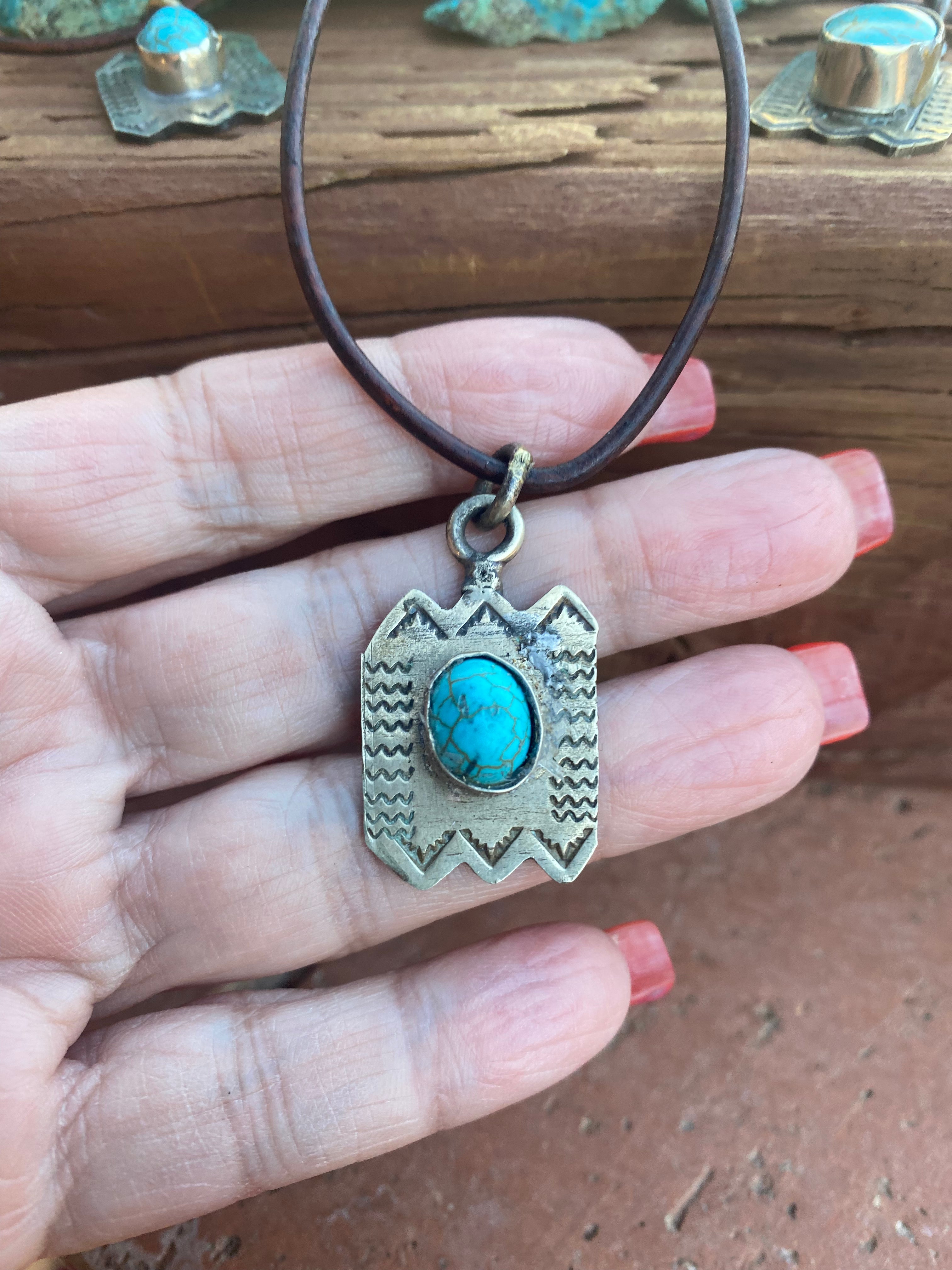 Handmade German Silver & Turquoise Leather Necklace