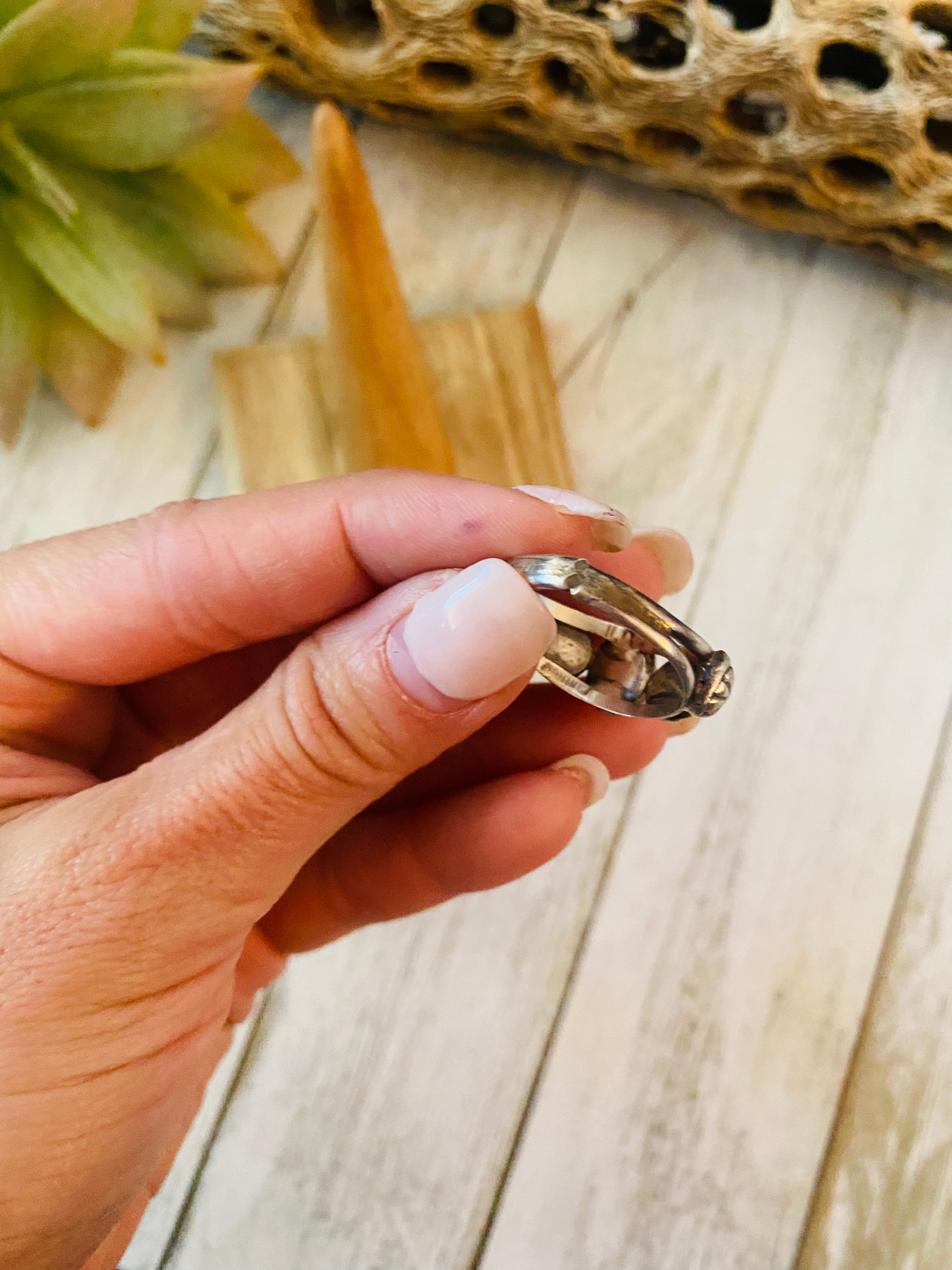 Navajo Coral and Sterling Silver Concho Band Ring