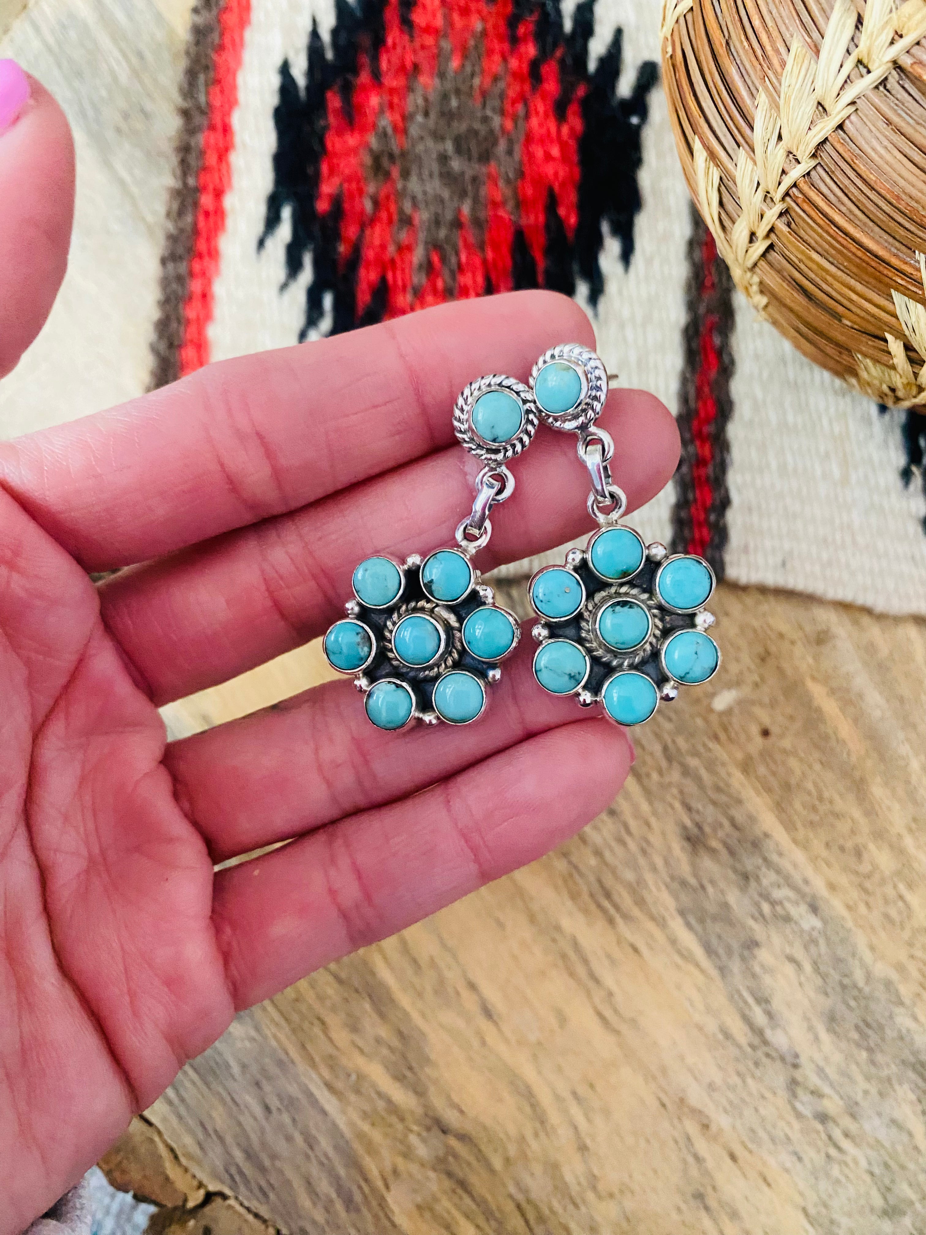 Handmade Turquoise And Sterling Silver Cluster Dangle Earrings