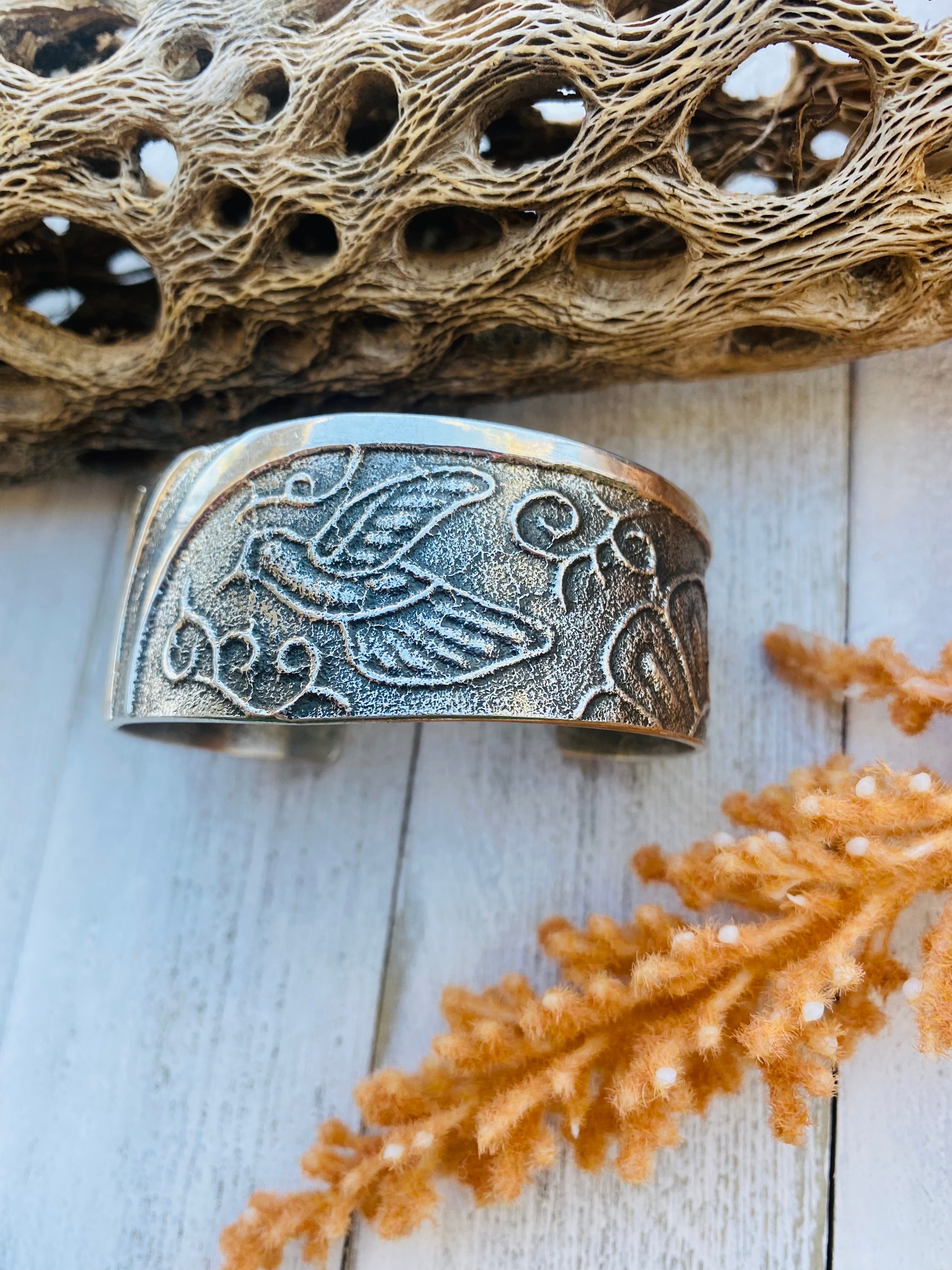 Vintage Navajo Sterling Silver Tufa Cast Hummingbird Cuff Bracelet