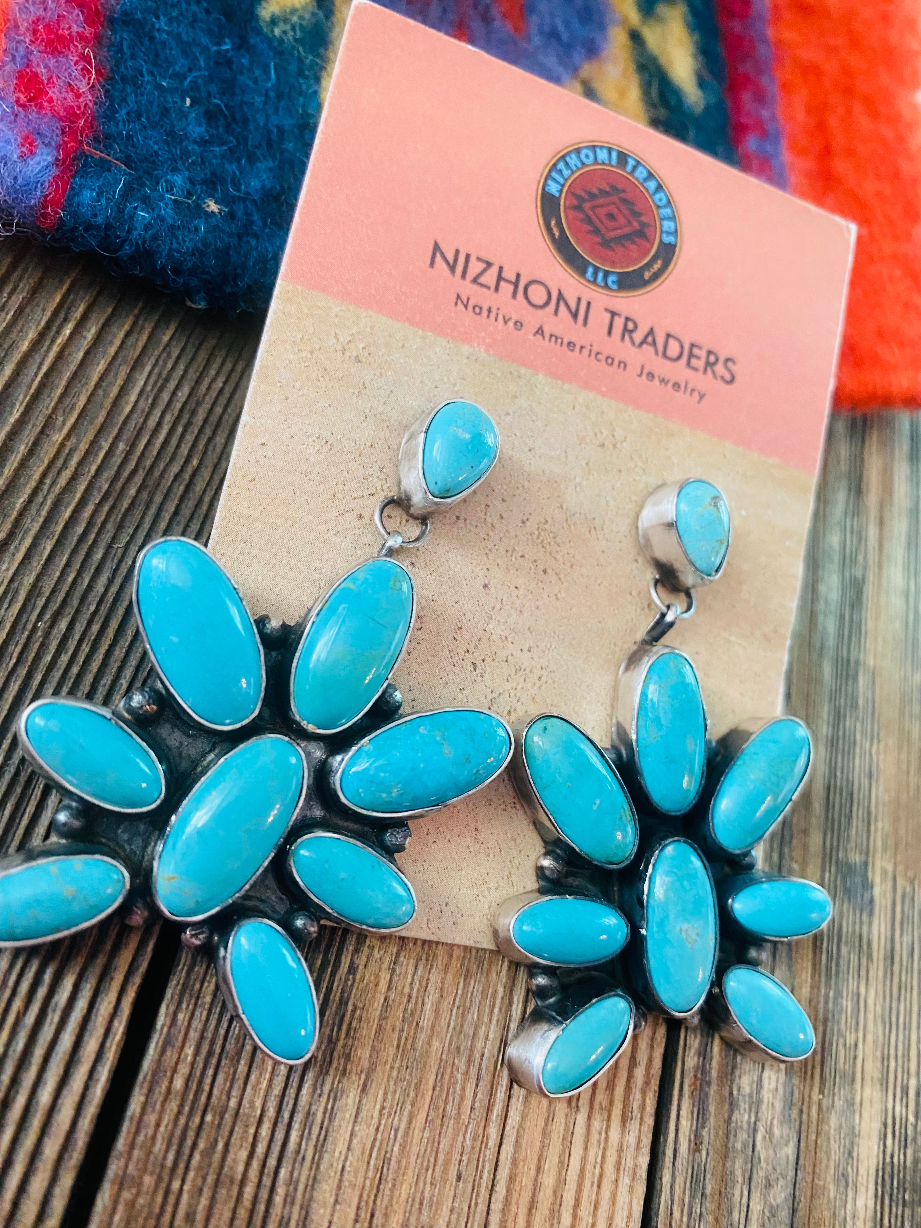 Navajo Turquoise & Sterling Silver Cluster Dangle Earrings