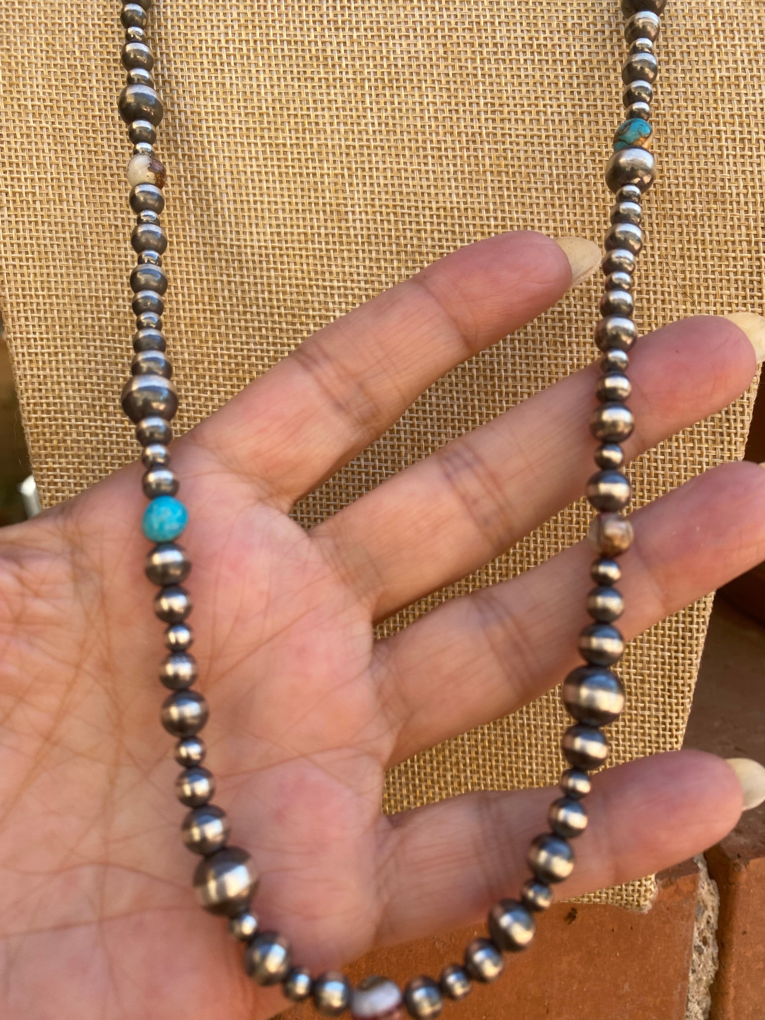 Navajo Turquoise & Spiny Spice Sterling Silver Beaded Necklace 30 inch