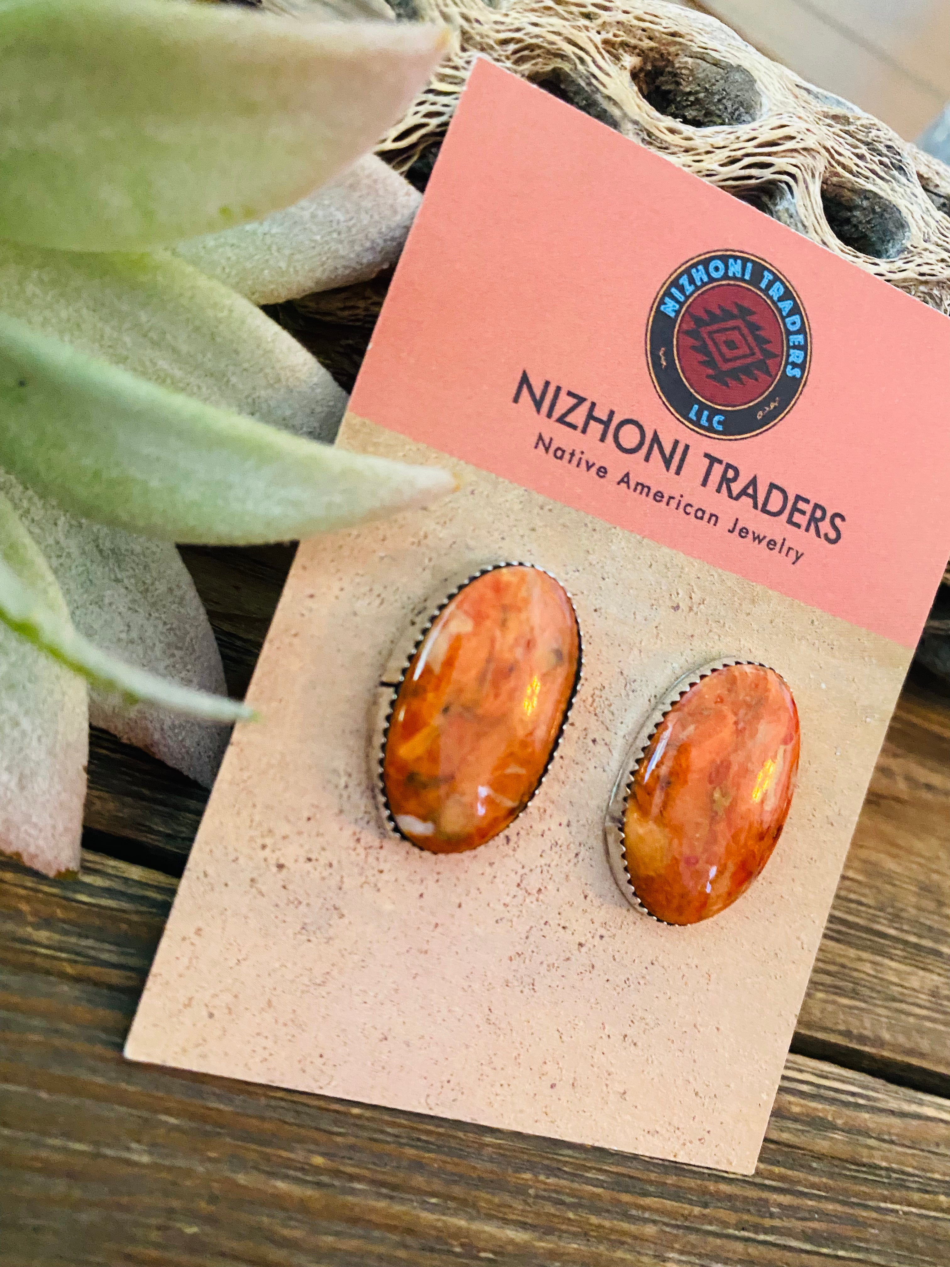 Navajo Sterling Silver & Orange Spiny Post Earrings 1”