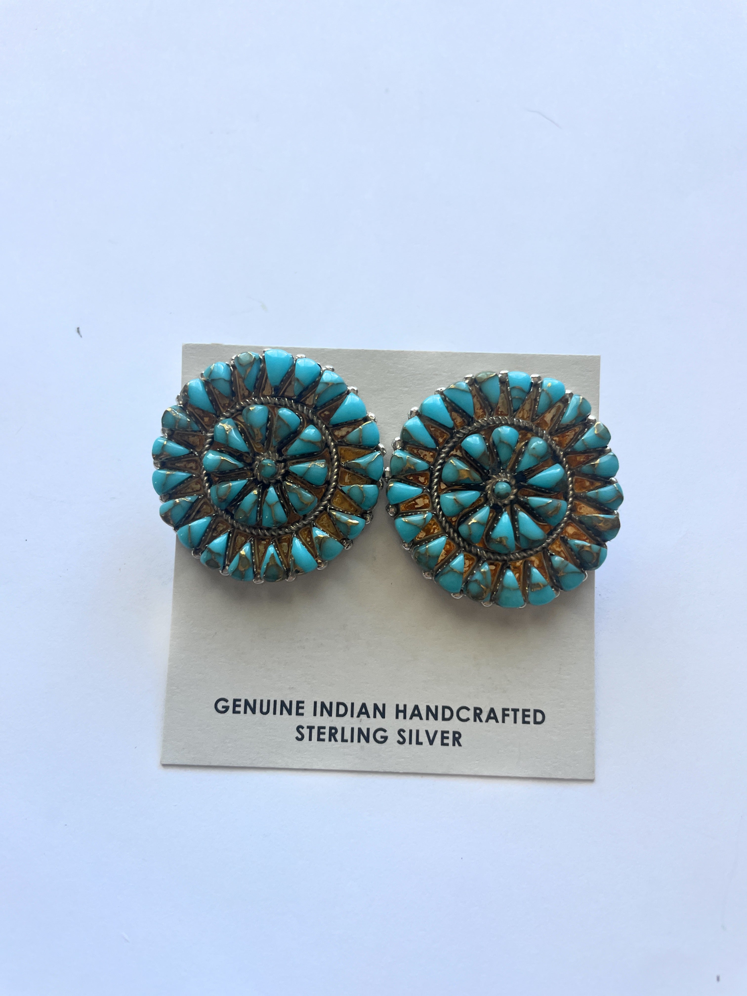 Navajo Sterling Silver And Turquoise Cluster Circle Earrings Signed 1.75”