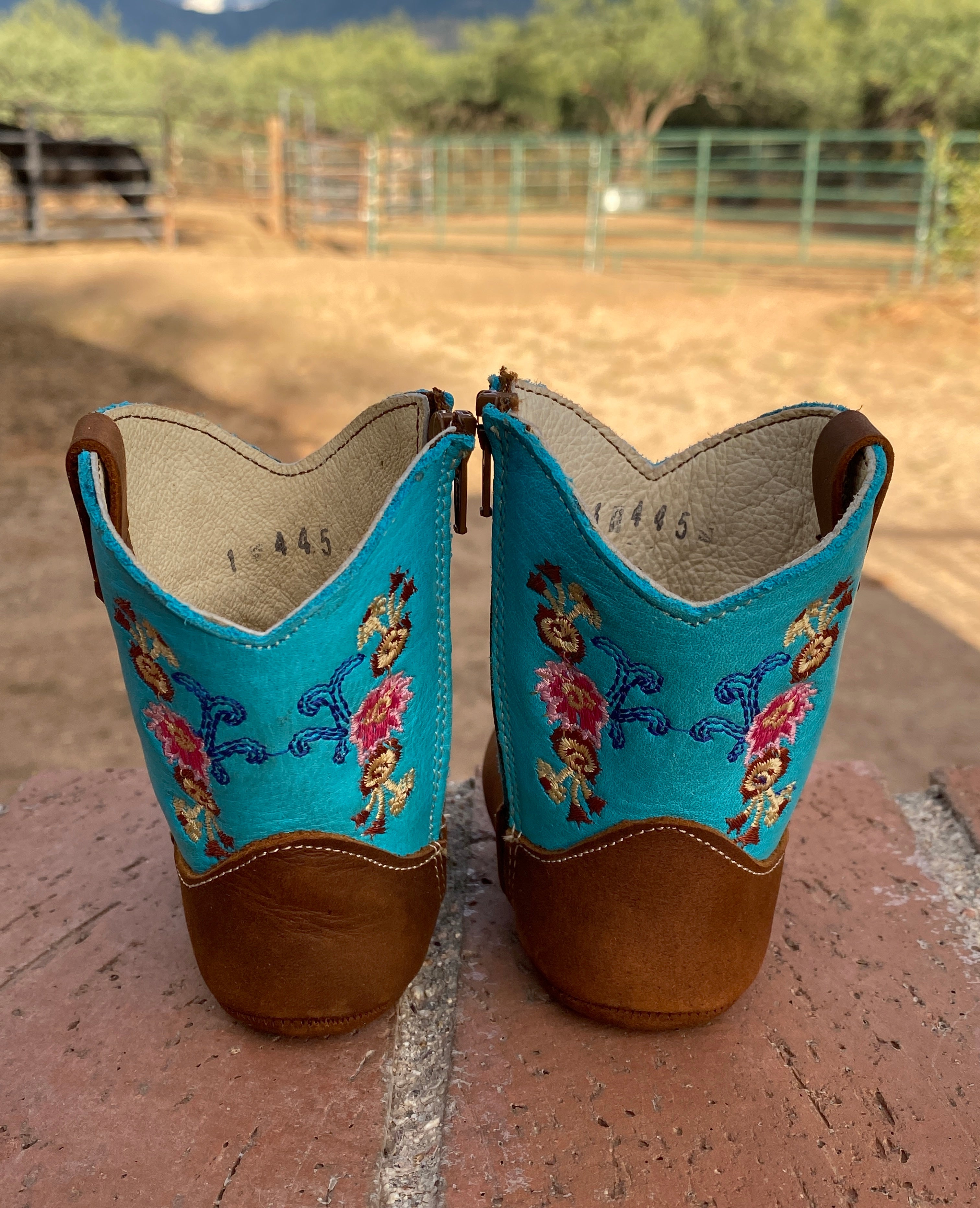 Western Leather infant Baby Boots Turquoise & Flowered