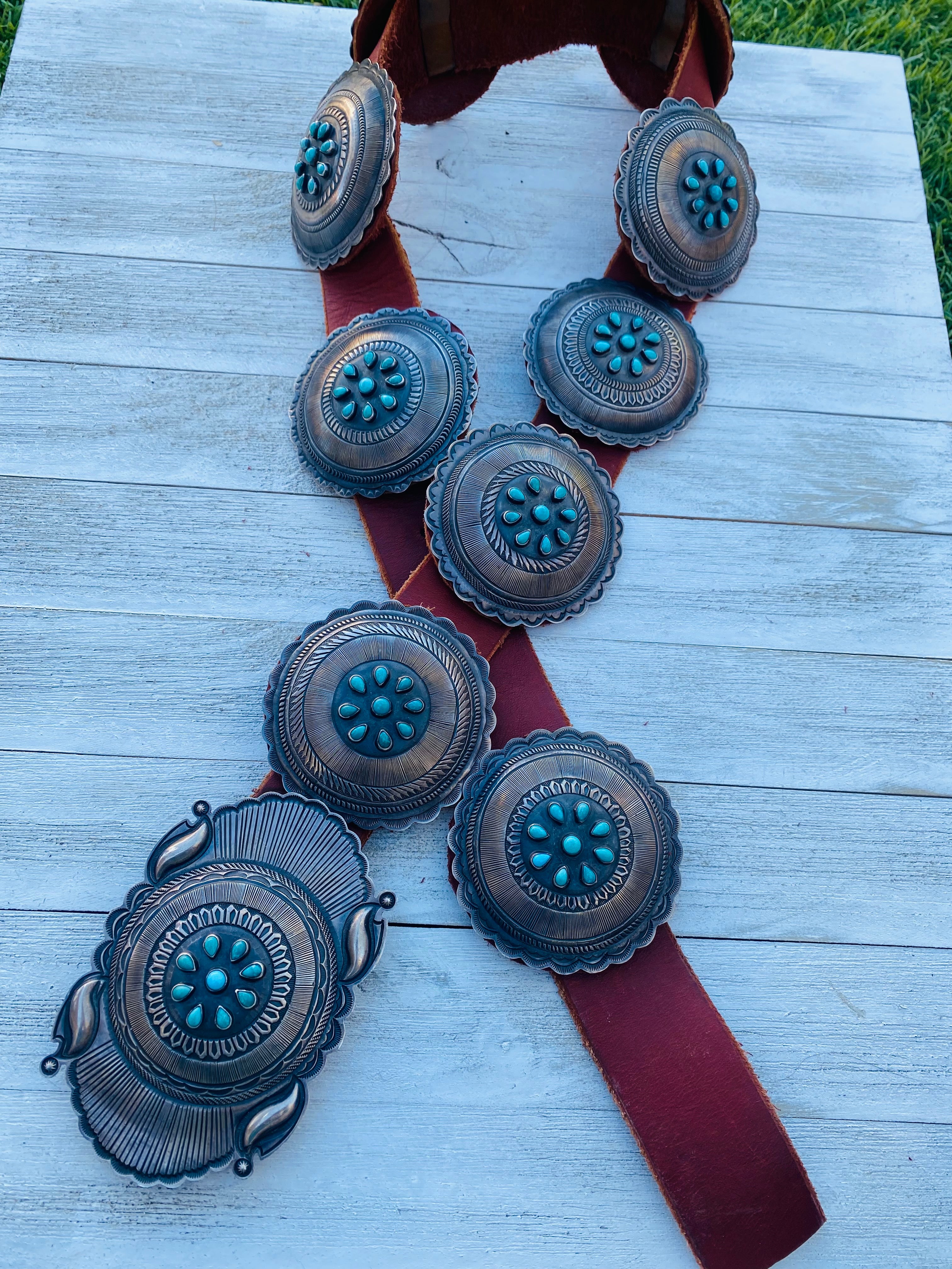 Vintage Navajo Brown Leather And Sterling Silver Turquoise Concho Belt