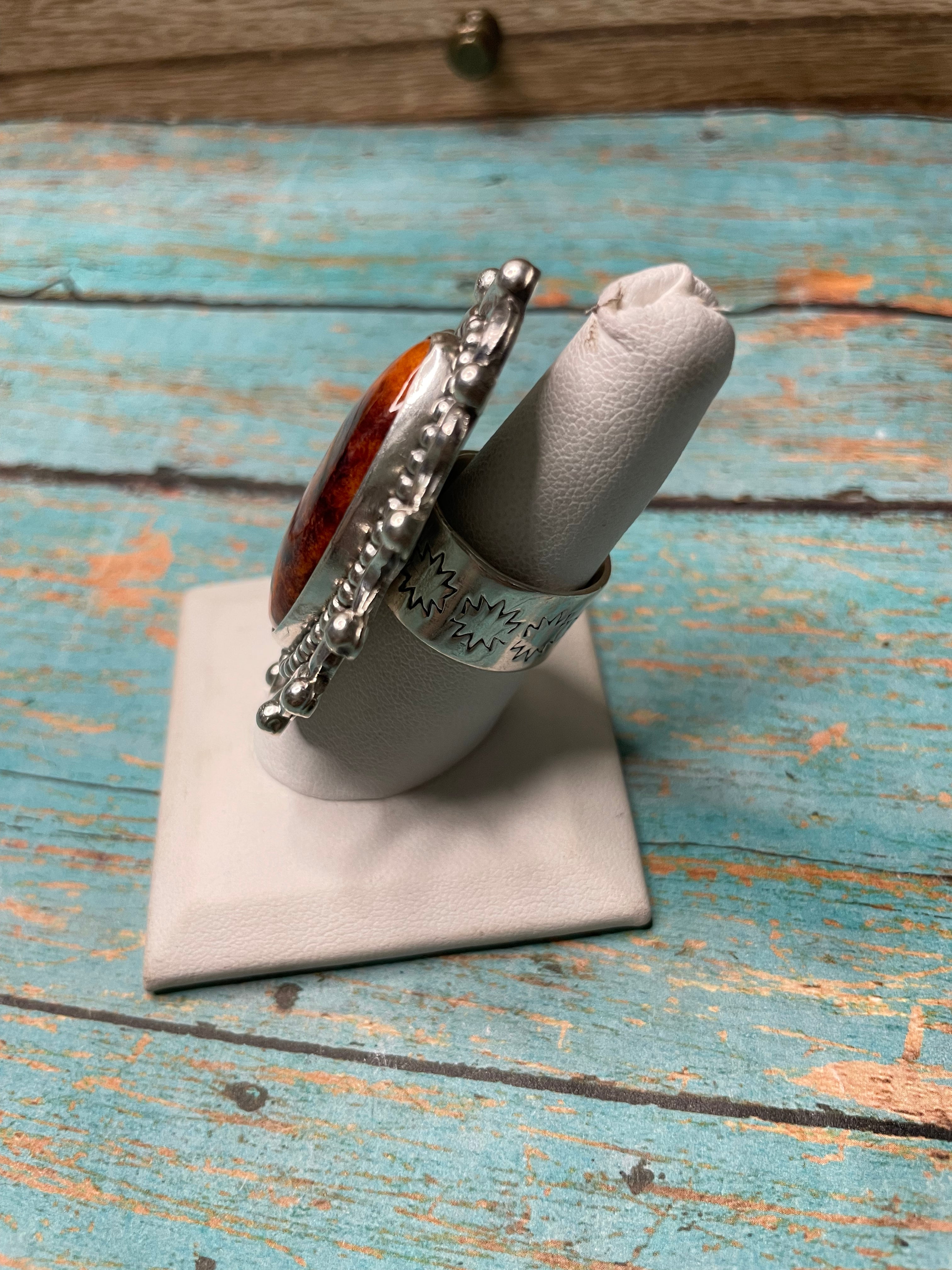 Navajo Orange Spiny Sterling Silver Adjustable Ring Signed