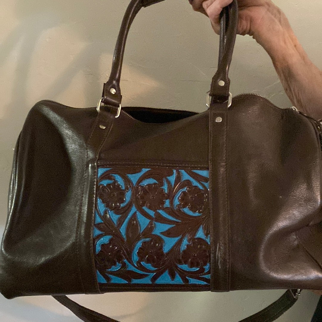 Chocolate Leather and Turquoise Duffle Bag