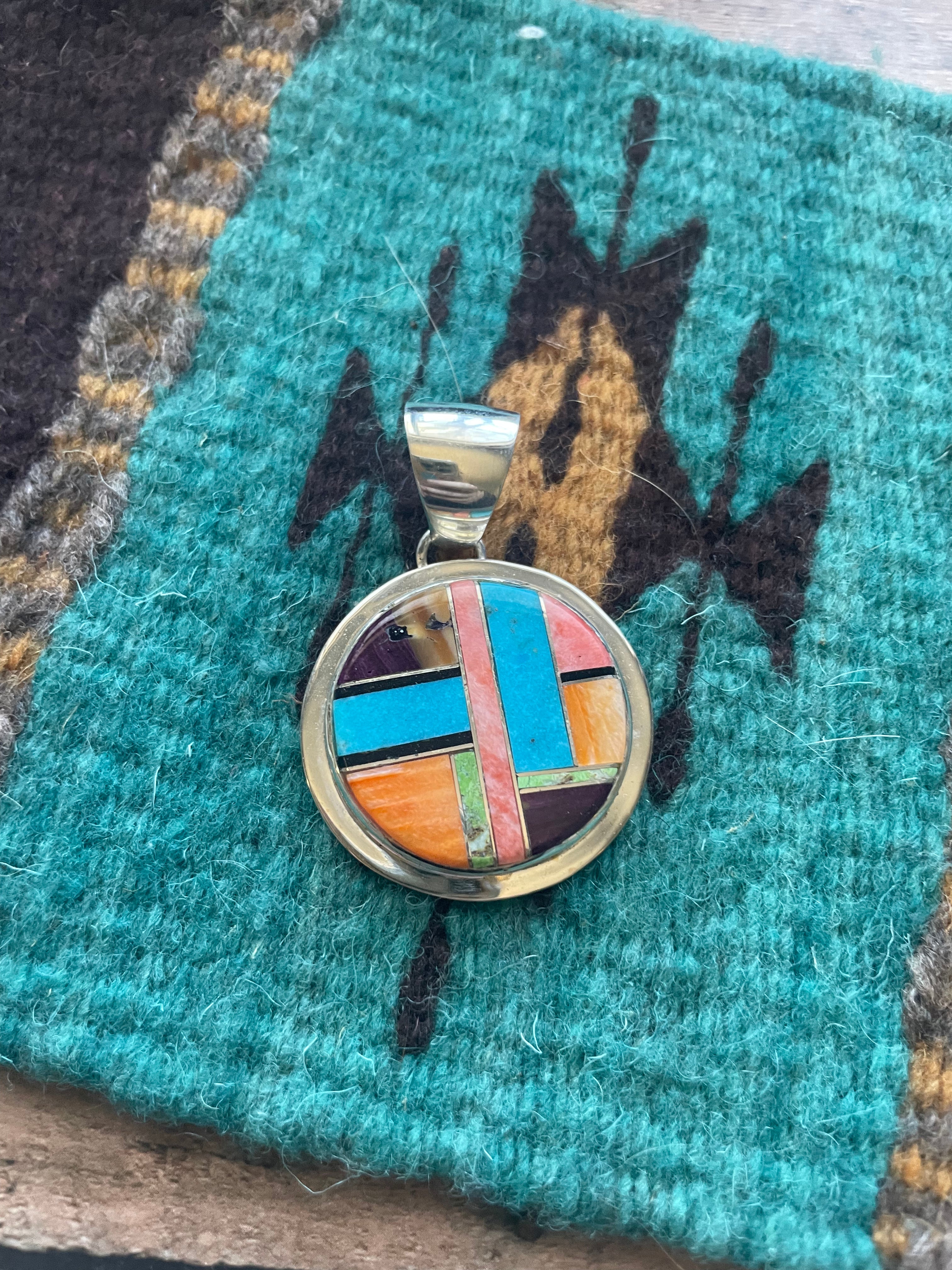 Navajo Multi Stone Inlay & Sterling Silver Circle Pendant