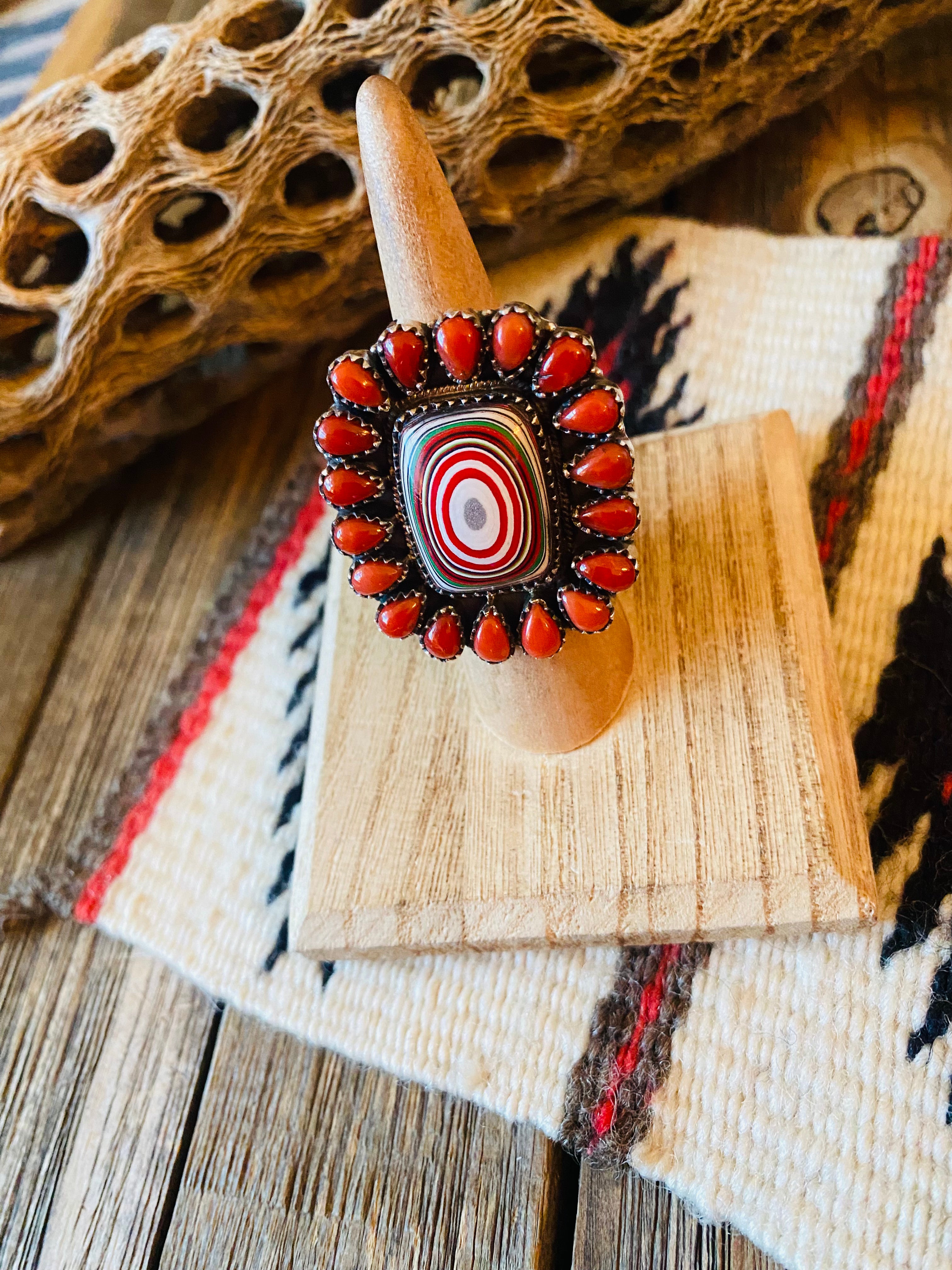 Handmade Sterling Silver, Fordite & Coral Cluster Adjustable Ring