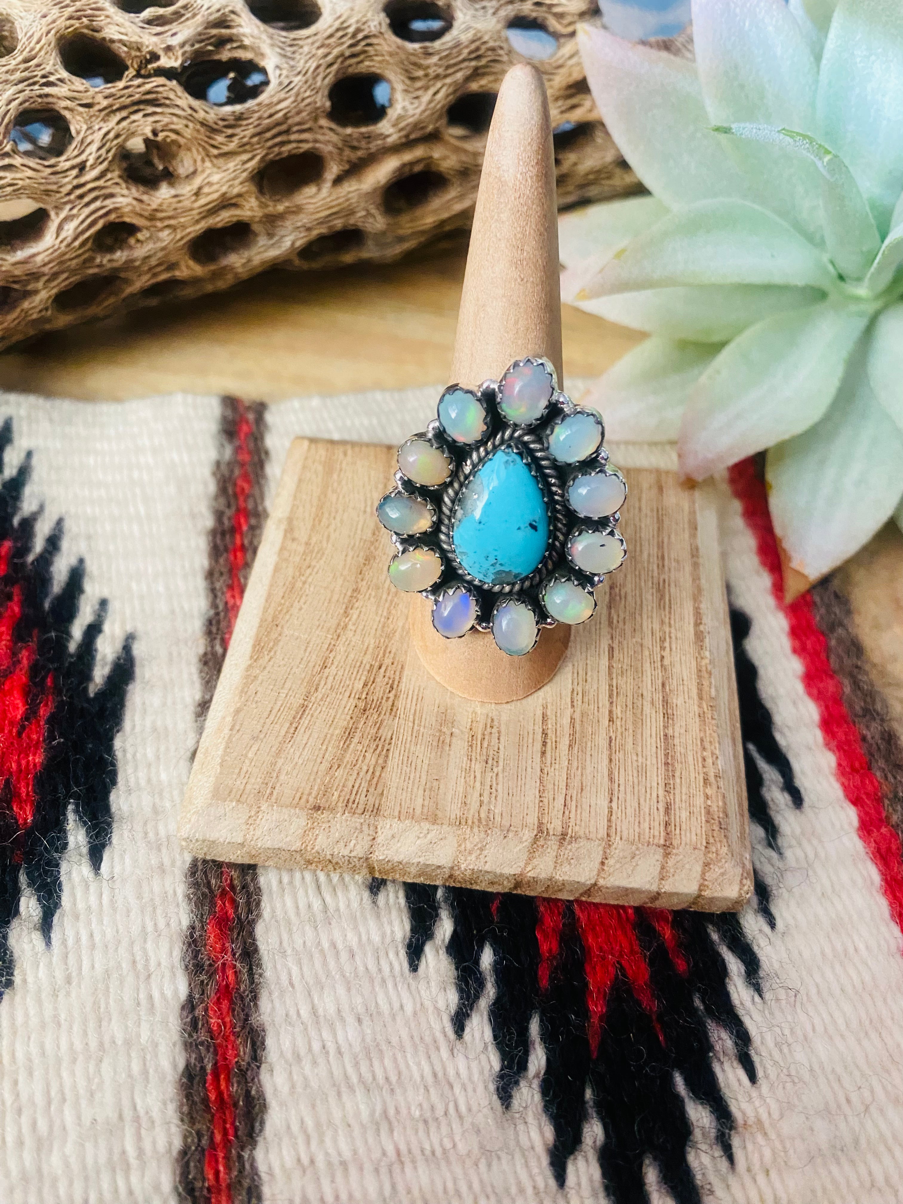 Handmade Sterling Silver, Turquoise & Opal Cluster Adjustable Ring