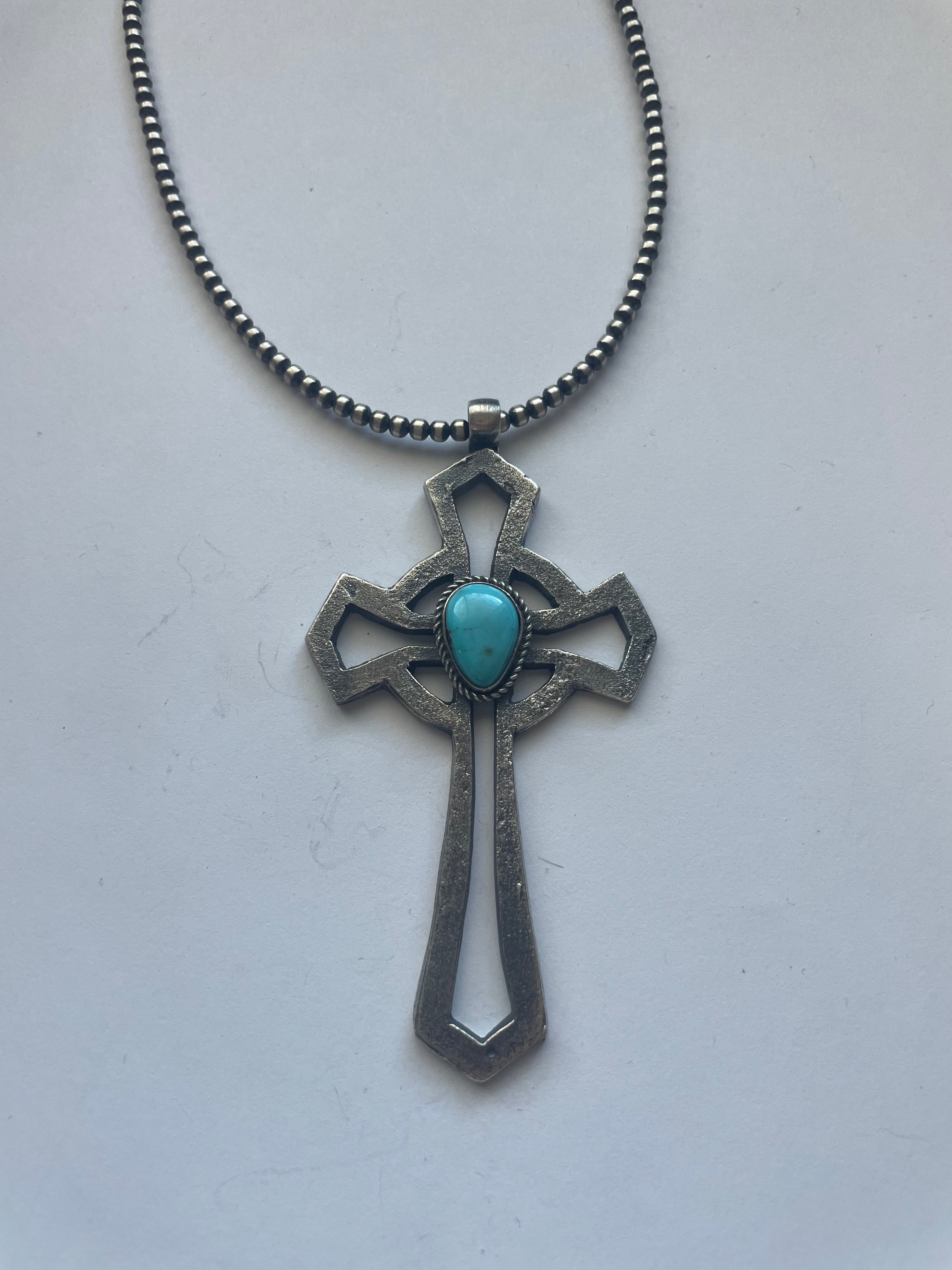 Navajo Sterling Silver & Turquoise Cross Pendant Signed Eugene Mitchell