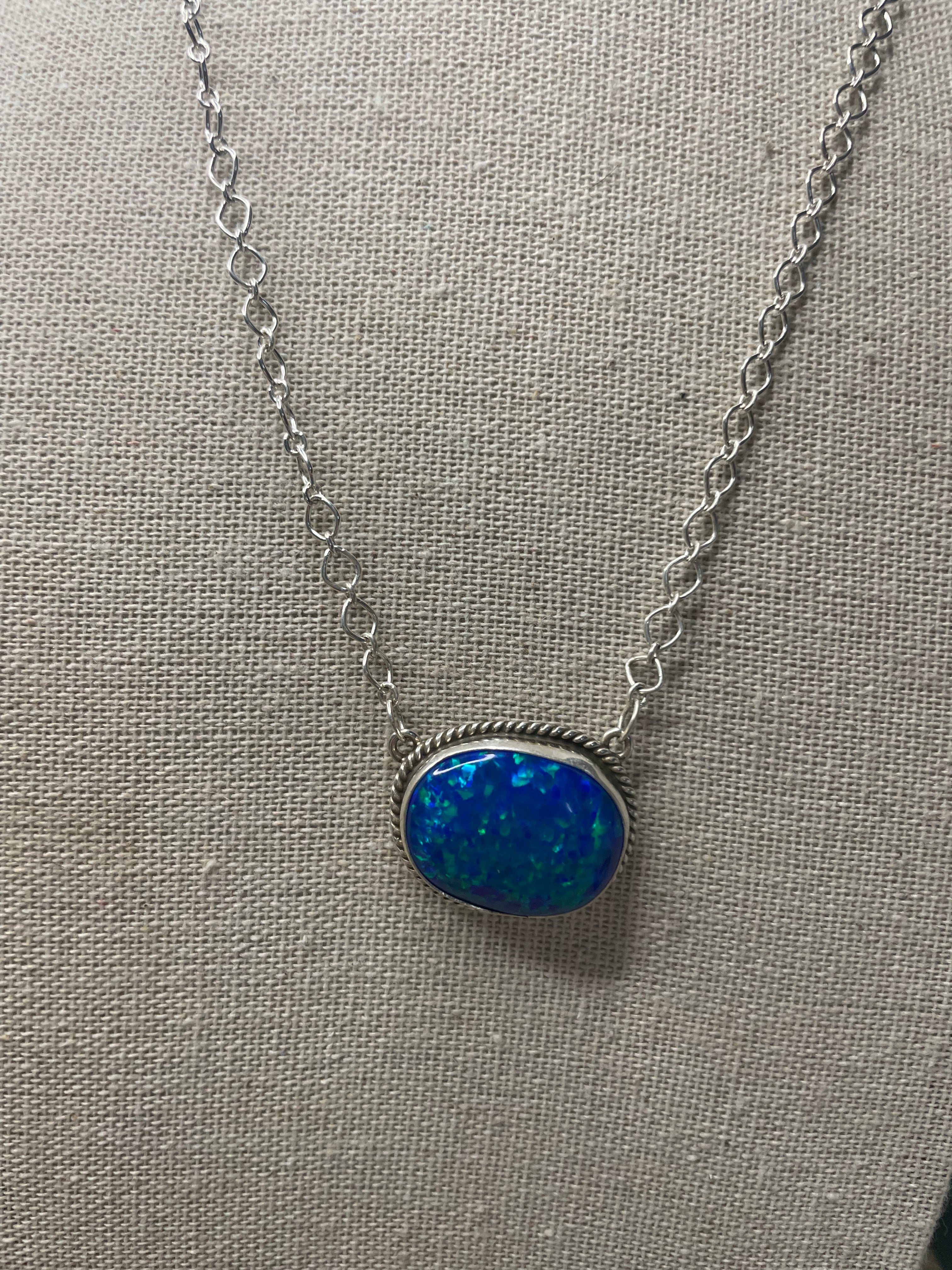 Navajo Sterling Silver & Blue Opal Necklace Signed