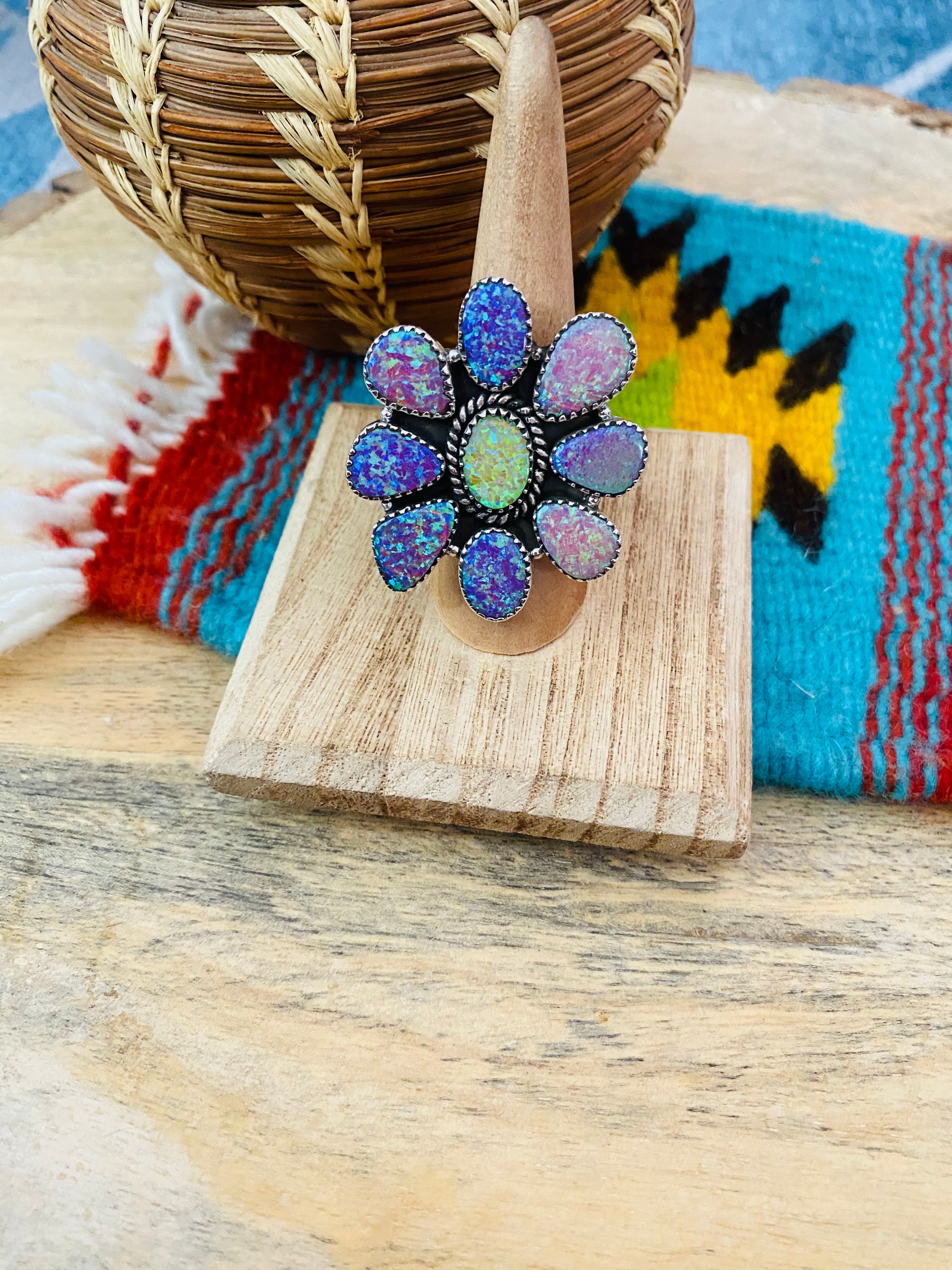 Handmade Sterling Silver & Opal Cluster Adjustable Ring