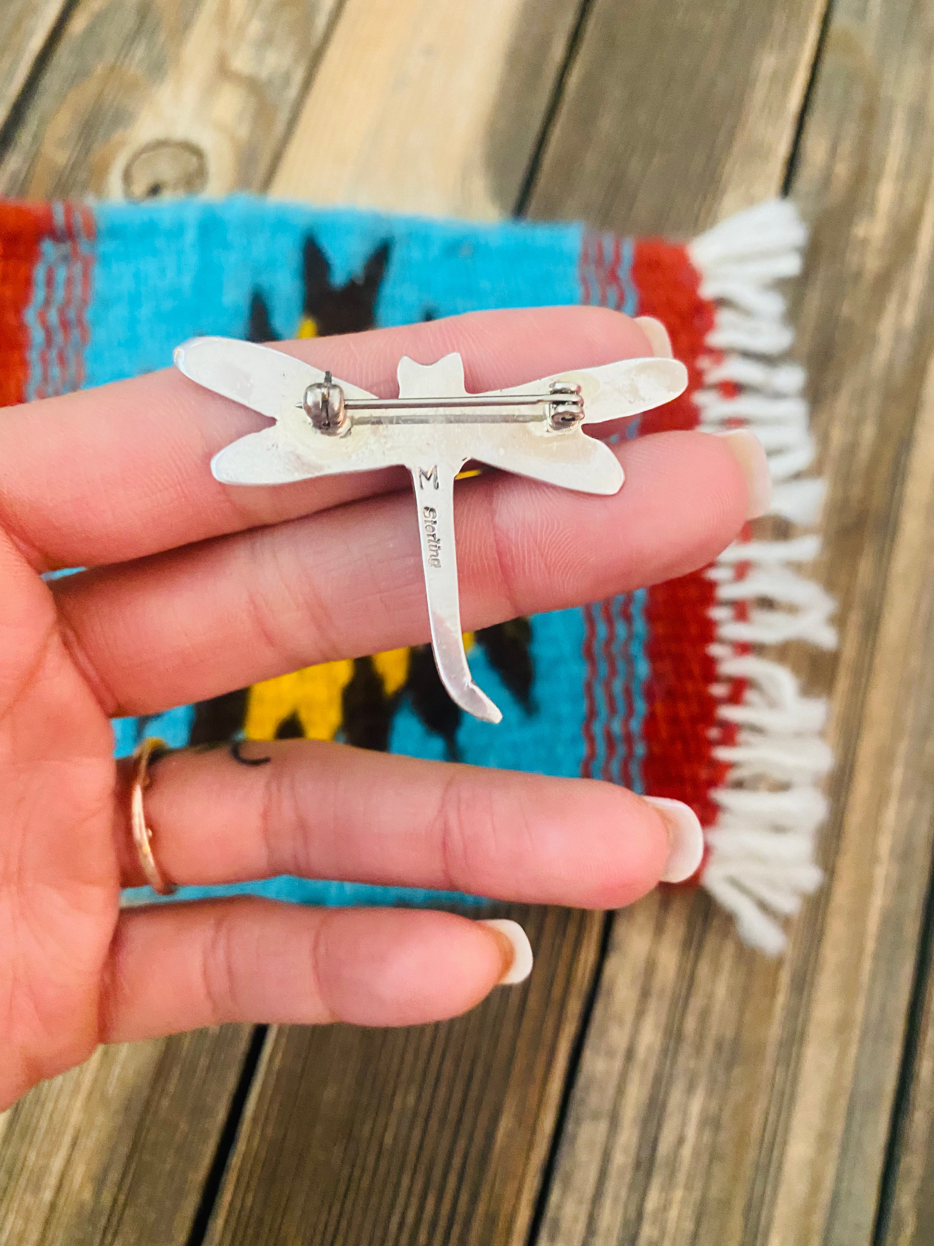 Navajo Sterling Silver and Multi Stone Inlay Dragonfly Brooch