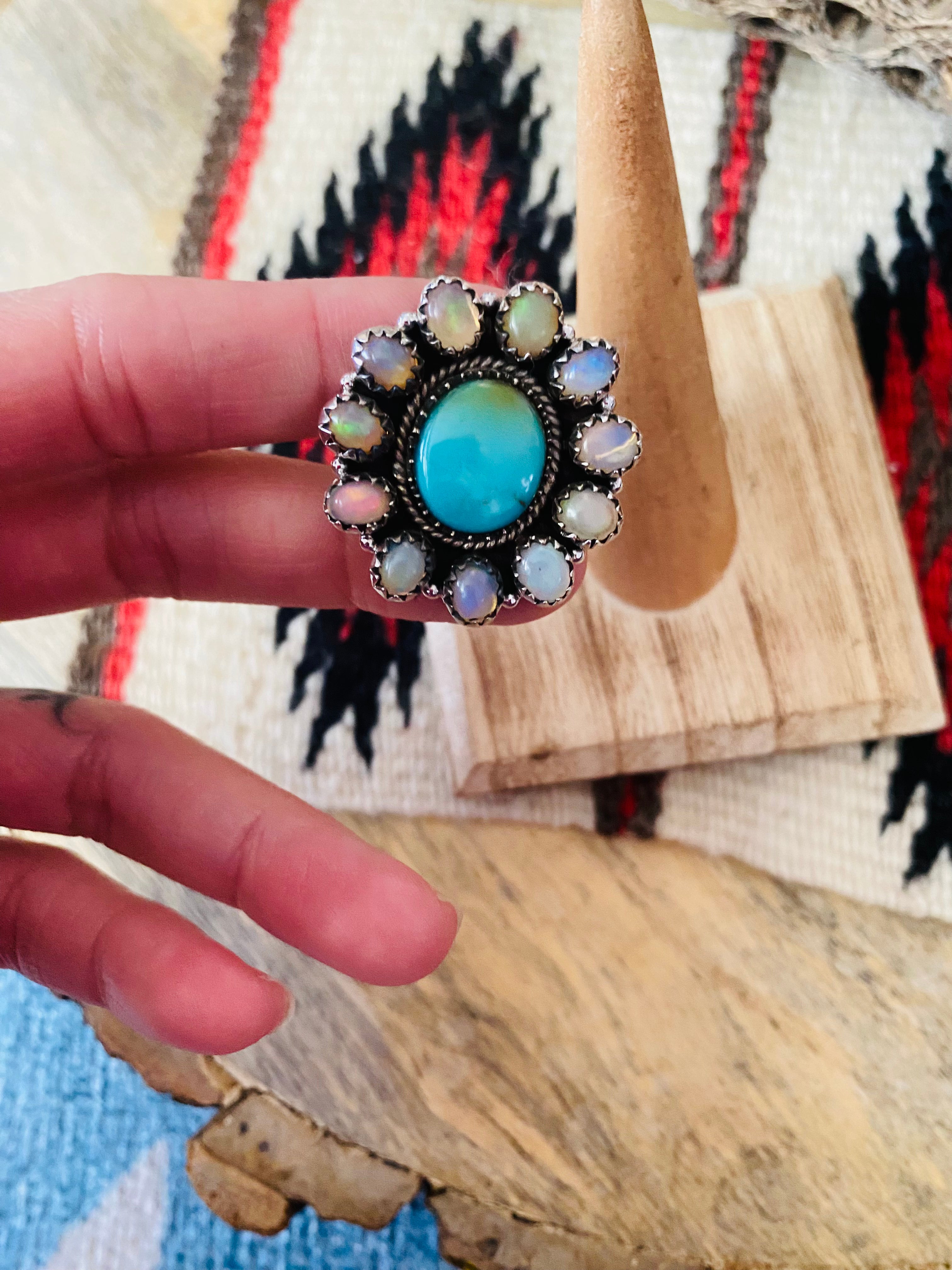 Handmade Sterling Silver, Turquoise & Opal Cluster Adjustable Ring