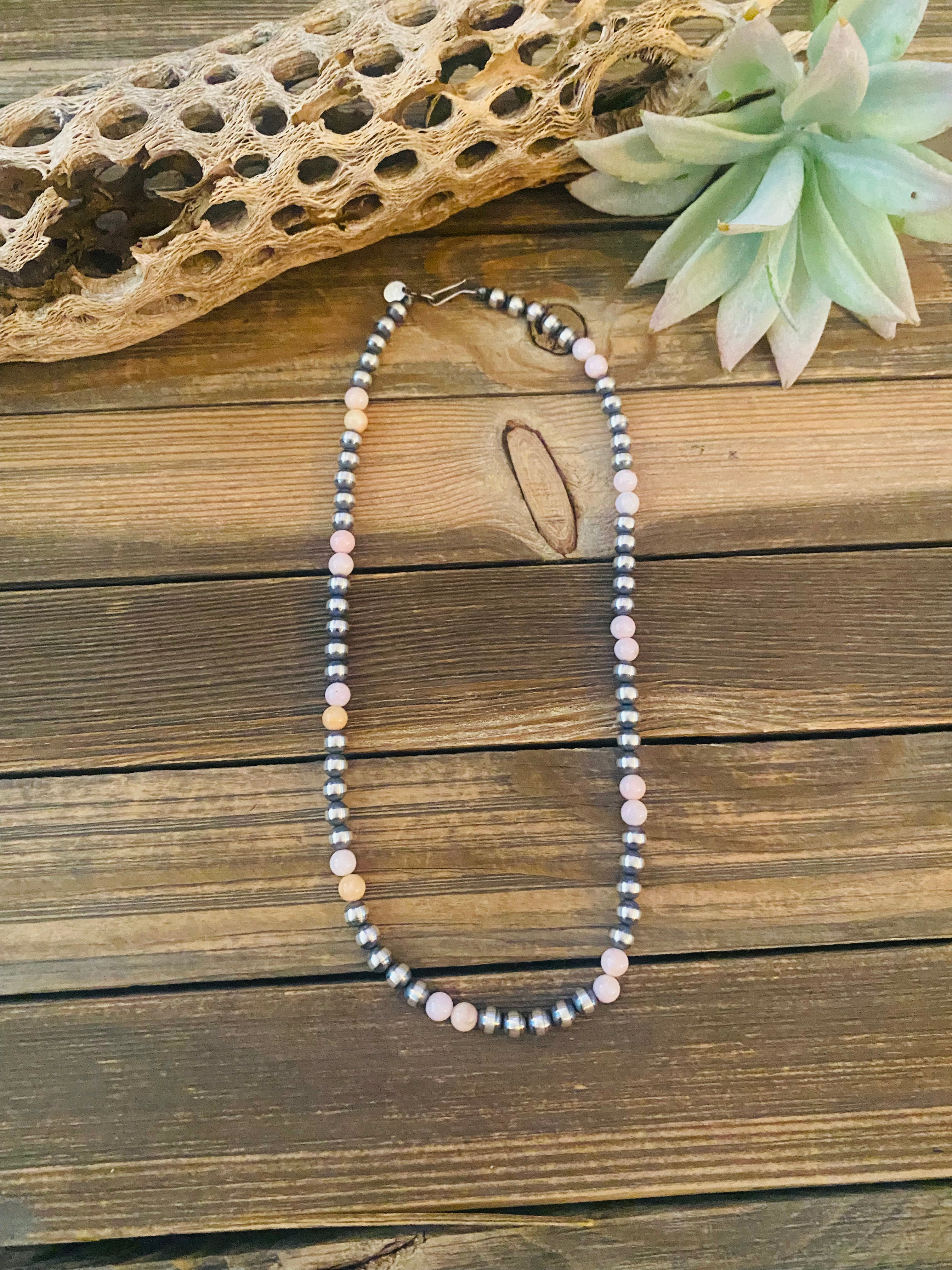 Navajo Sterling Silver Pearl & Pink Opal Beaded Necklace 18 inch