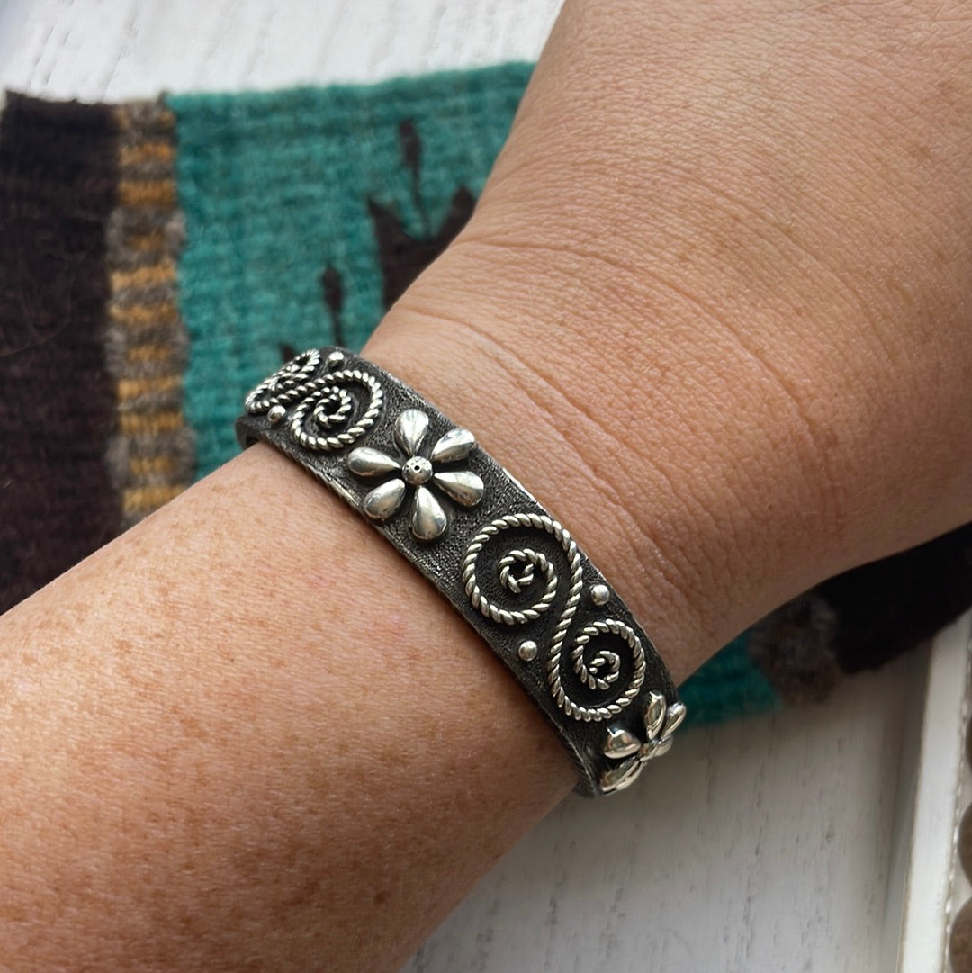 Navajo Sterling Silver Flower Swirl Bracelet Cuff Signed