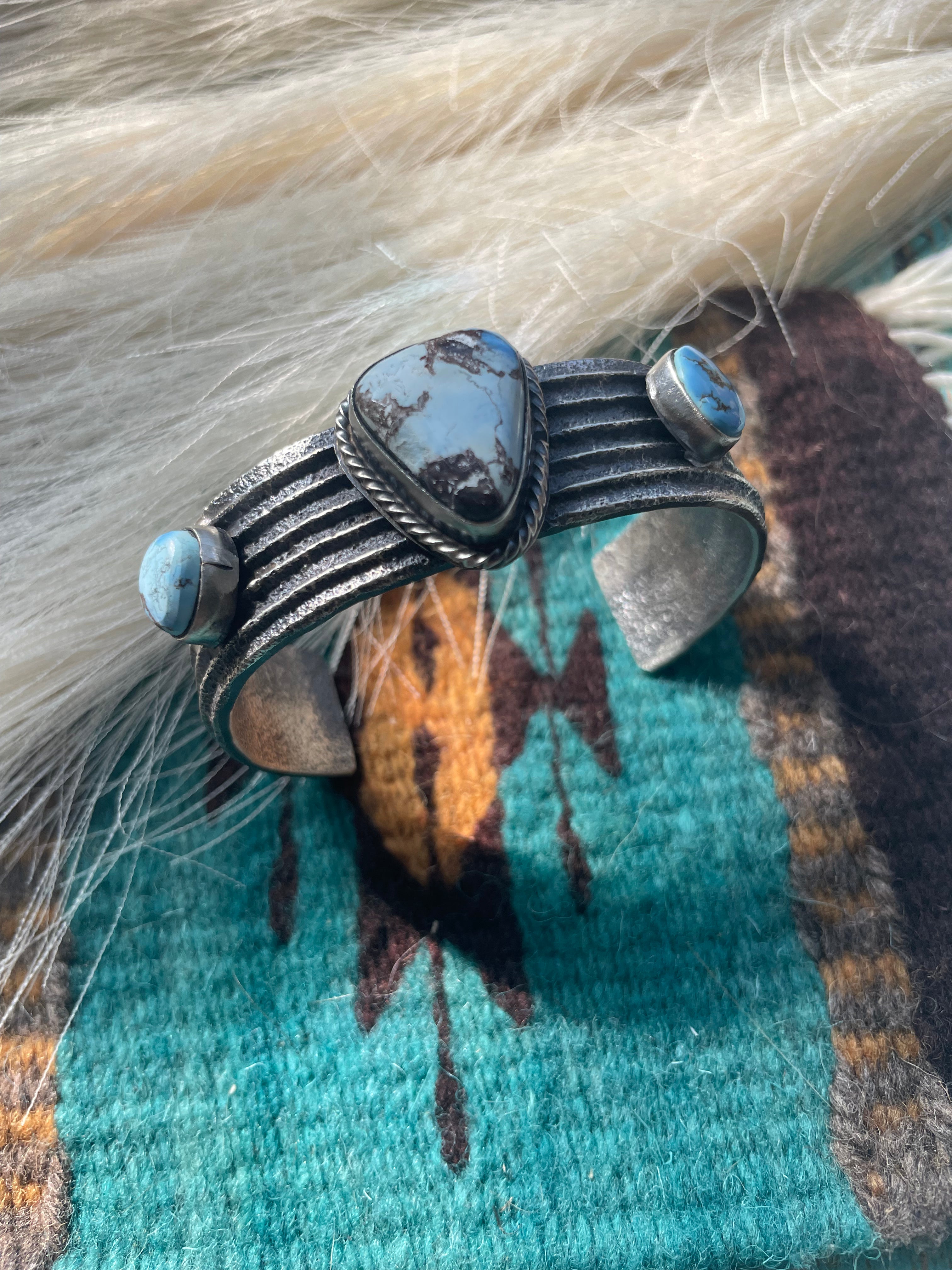 Navajo Golden Hills & Sterling Silver Tufa Cast Cuff Bracelet Signed