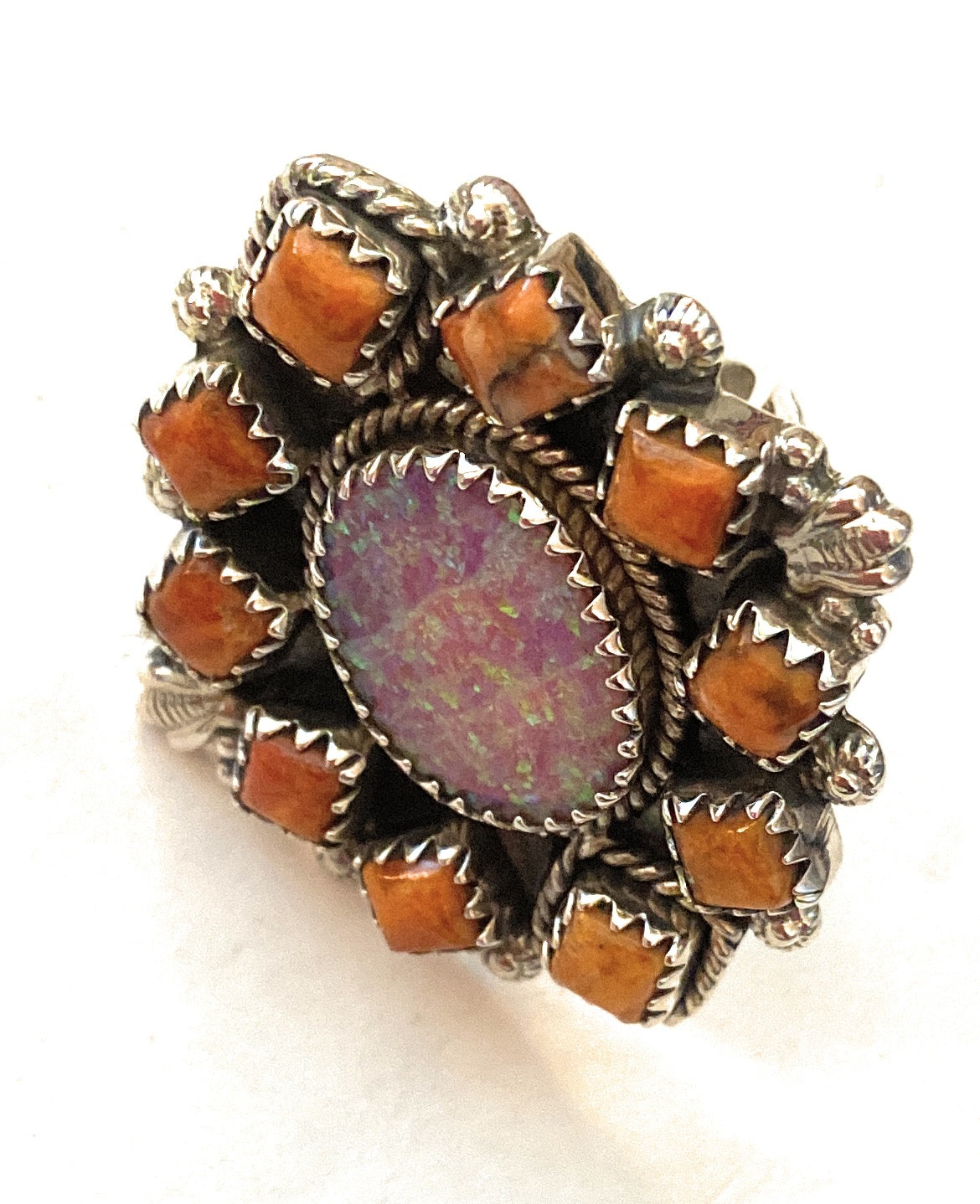 Handmade Sterling Silver, Orange Mojave & Opal Cluster Adjustable Ring