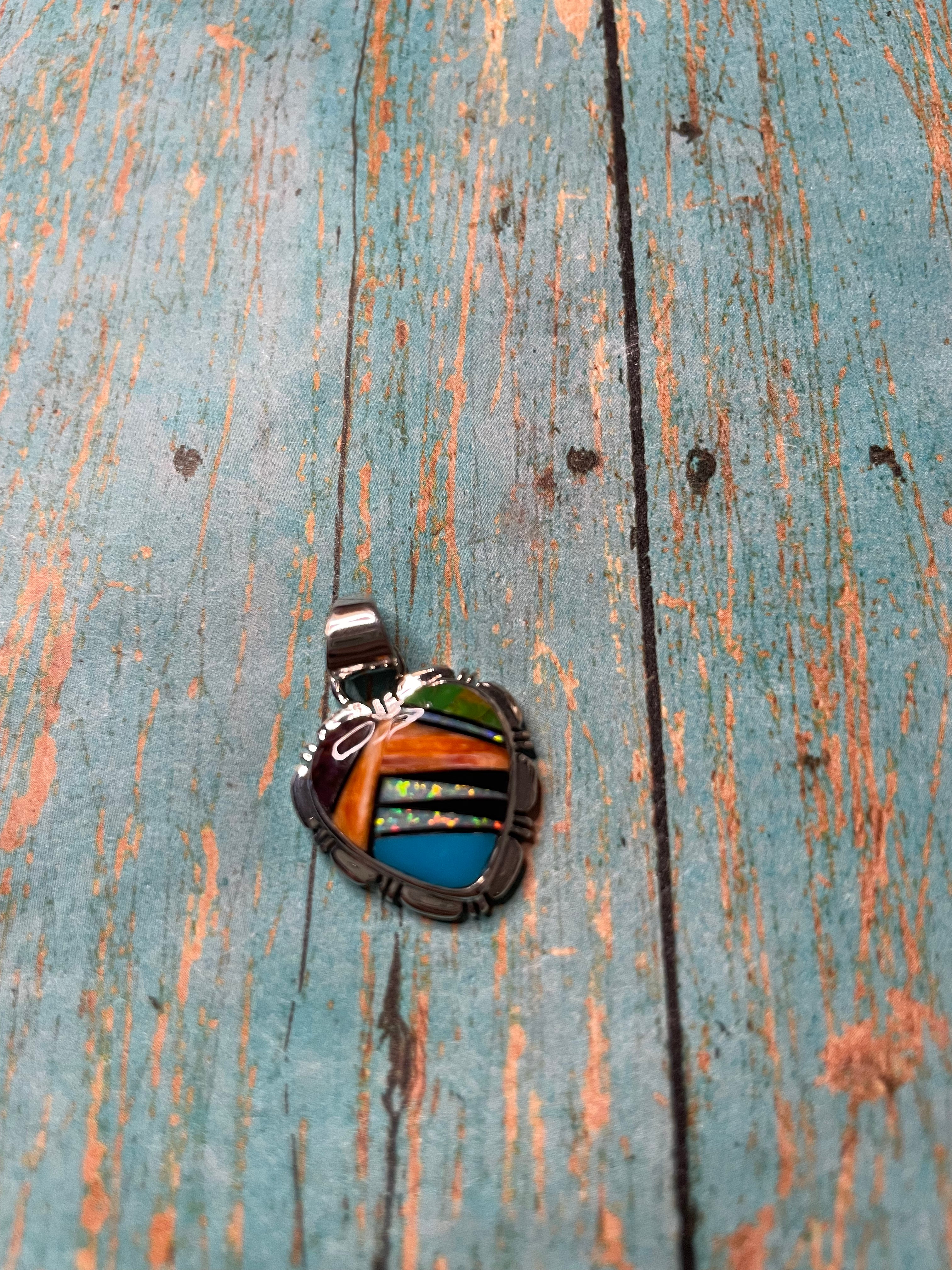 Zuni Sterling Silver And Multi Stone Inlay Pendant