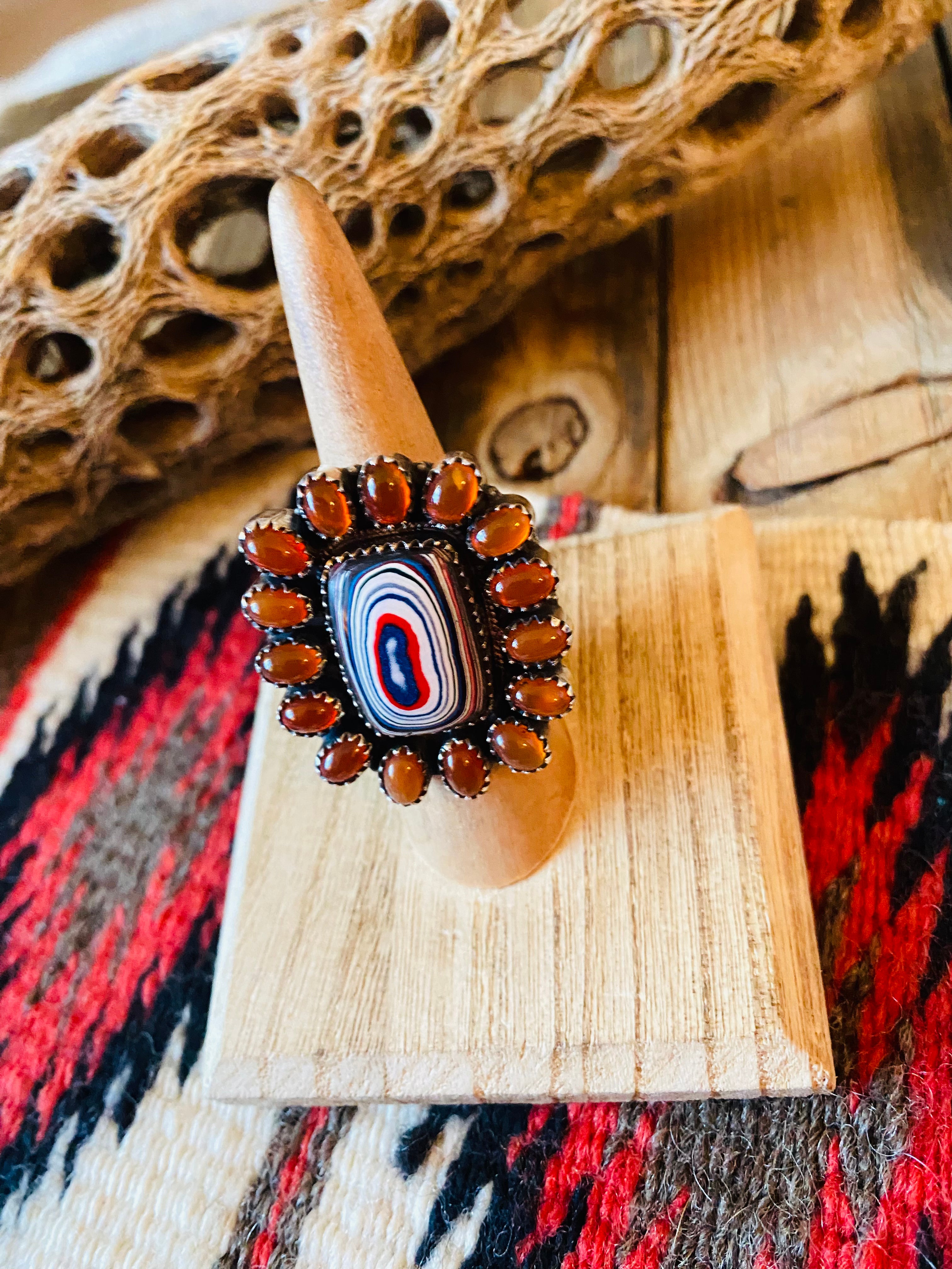 Handmade Sterling Silver, Fordite & Garnet Cluster Adjustable Ring