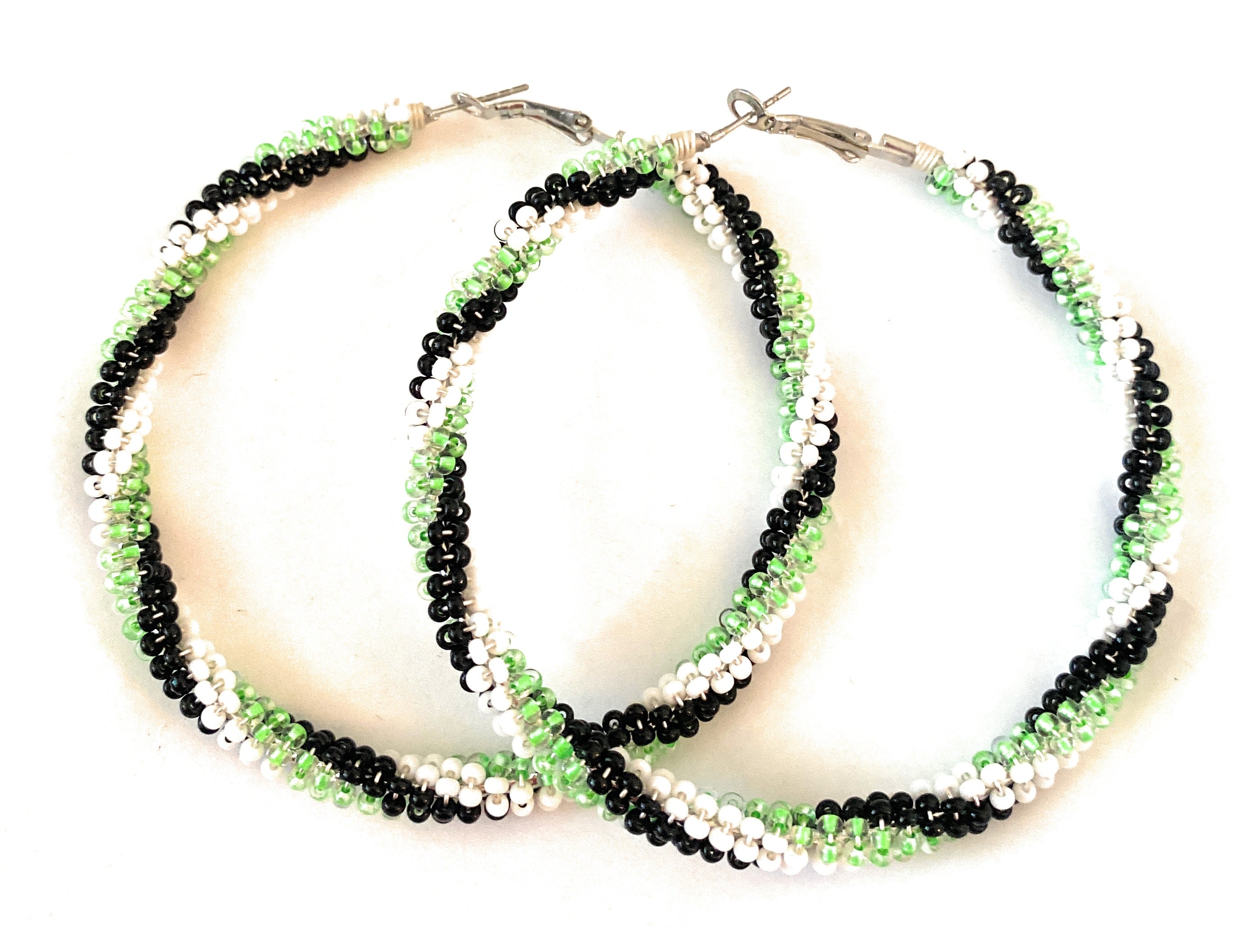 Navajo Handmade Beaded Hoop Earrings- green/black