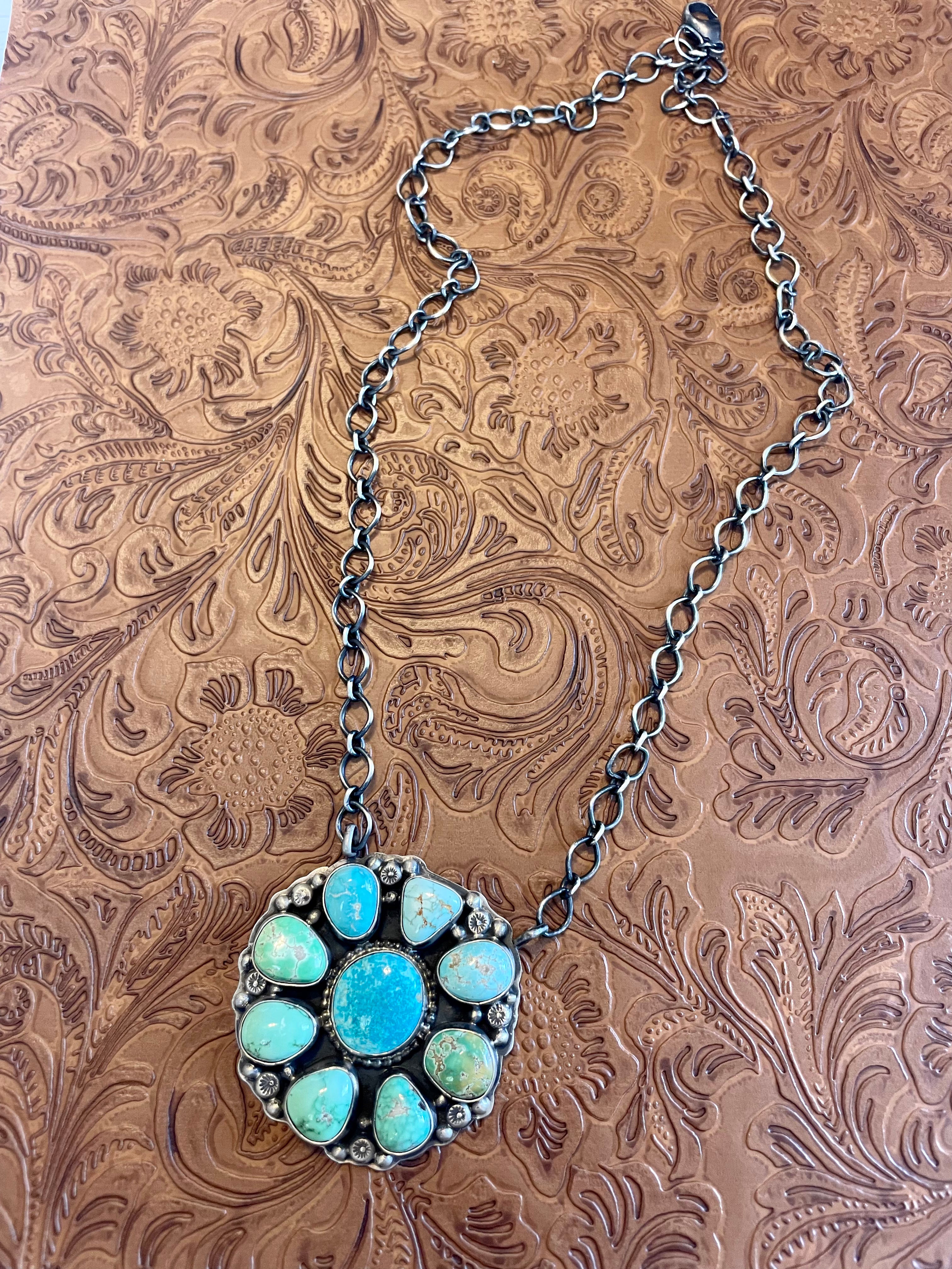 Navajo Carico Lake & Royston Turquoise Cluster Necklace Stamped & Signed