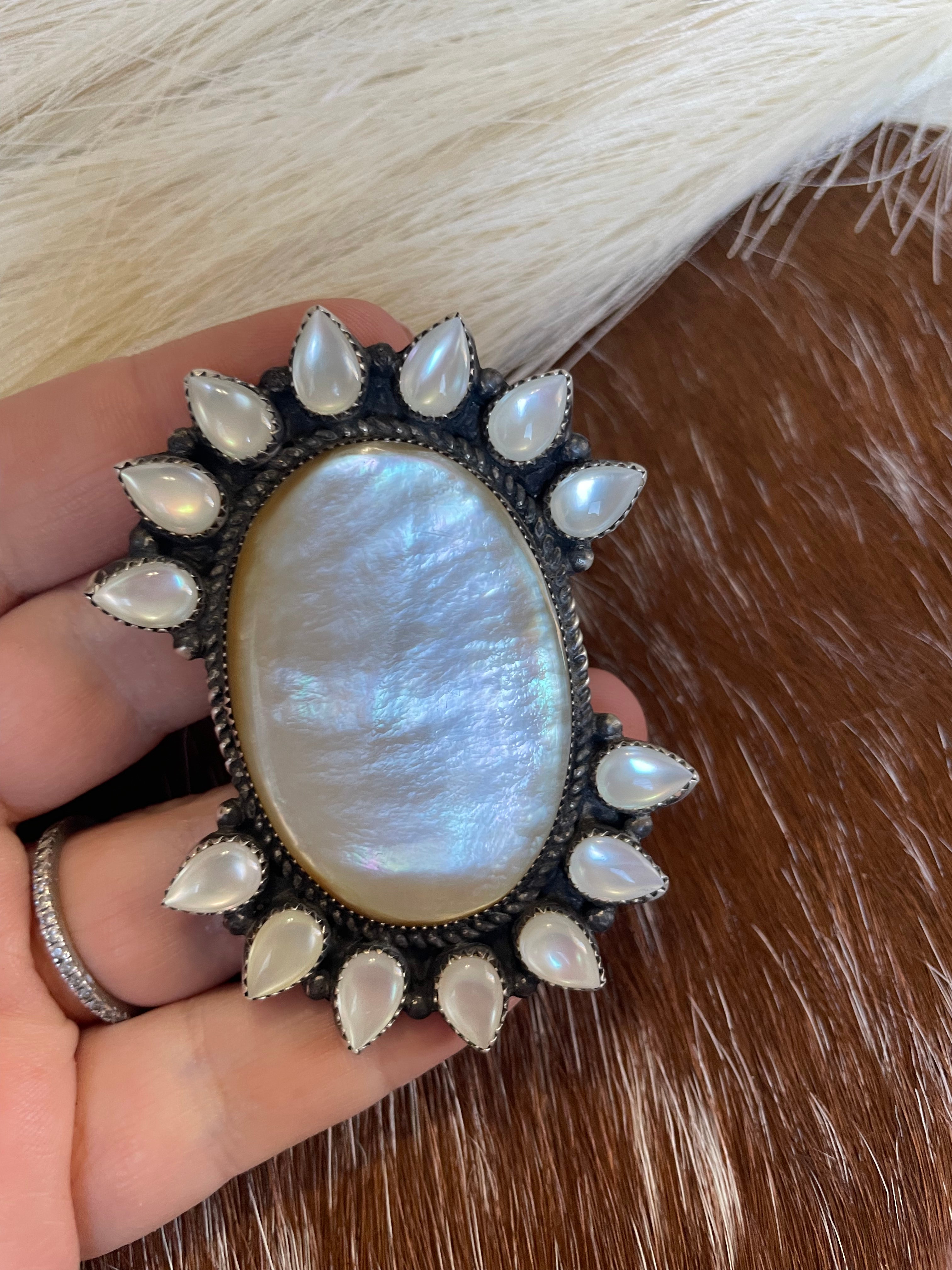 Navajo Mother Of Pearl And Sterling Silver Adjustable Statement Ring