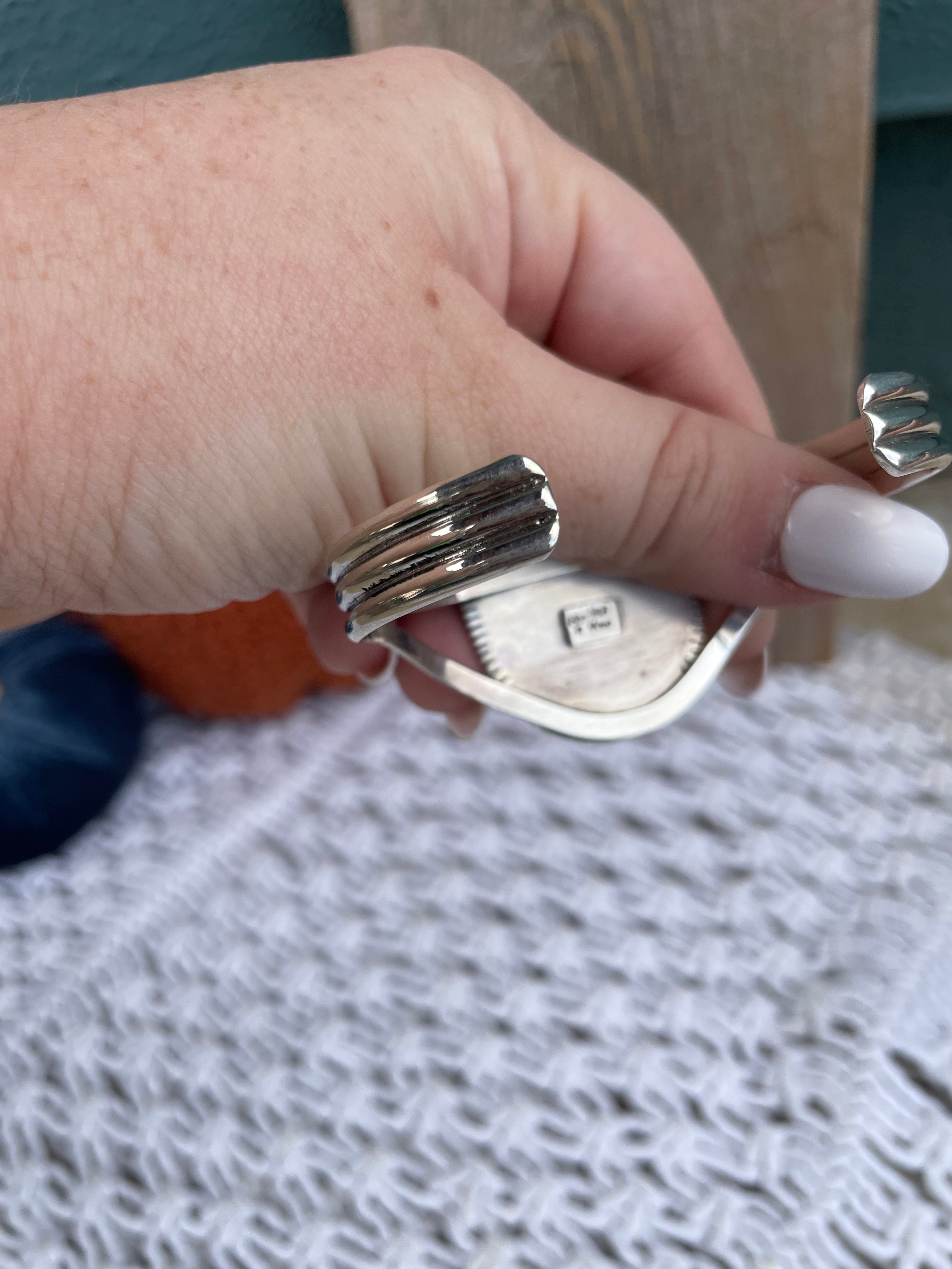 Navajo Sterling Silver And White Buffalo Adjustable Cuff Bracelet