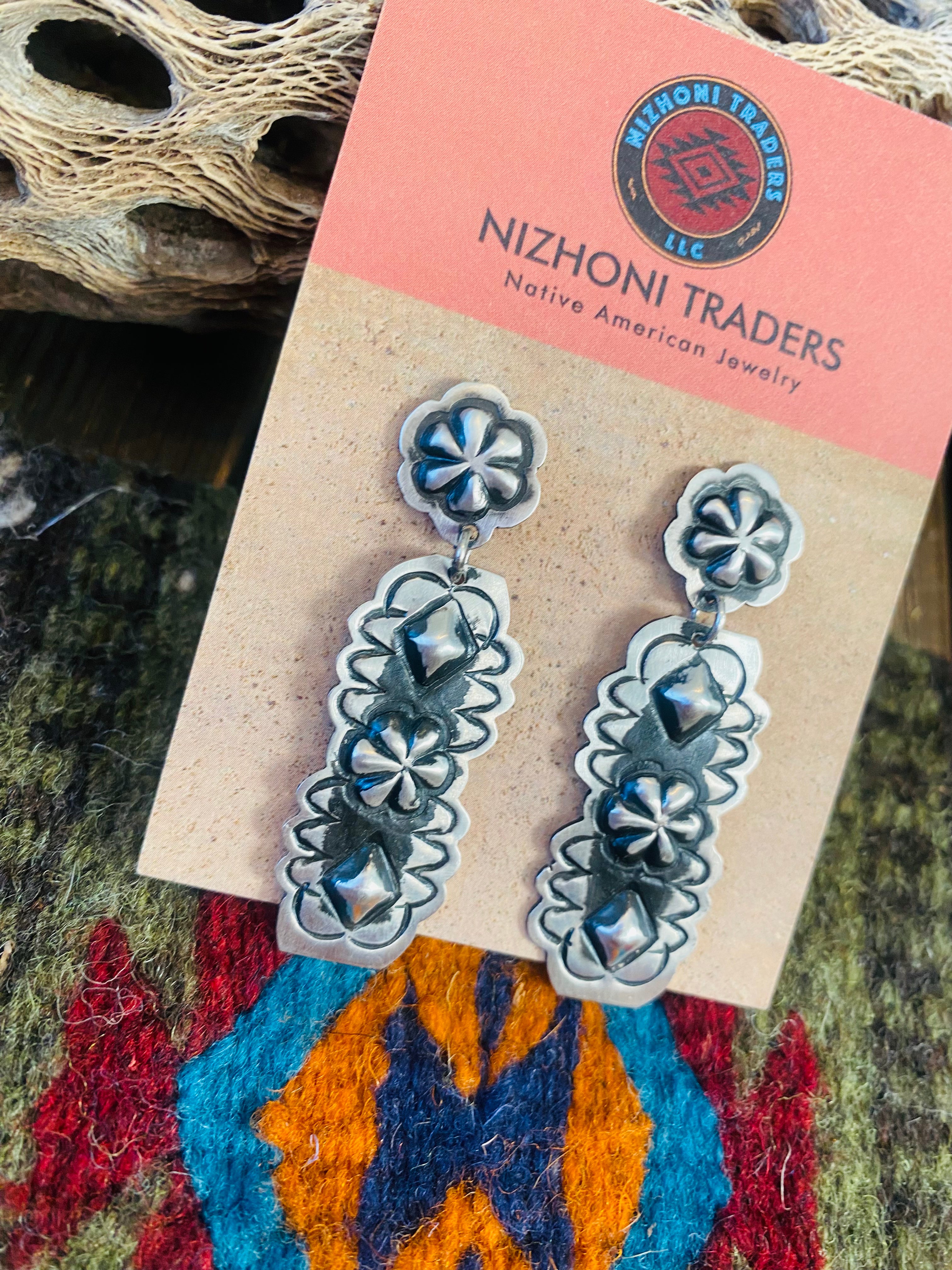 Navajo Sterling Silver Concho Dangle Earrings By Leander Tahe