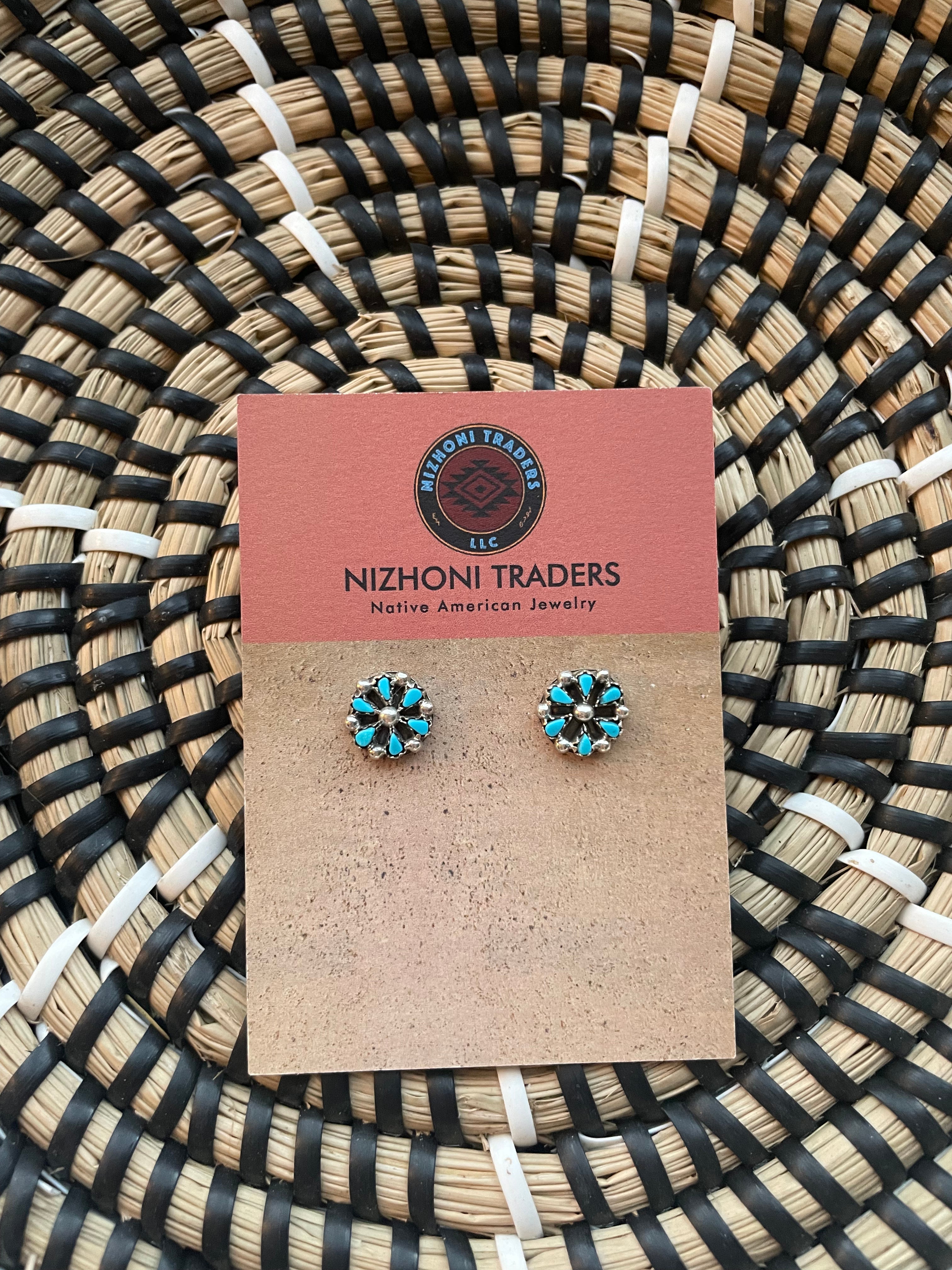 Zuni Sterling Silver & Turquoise Flower Stud Earrings