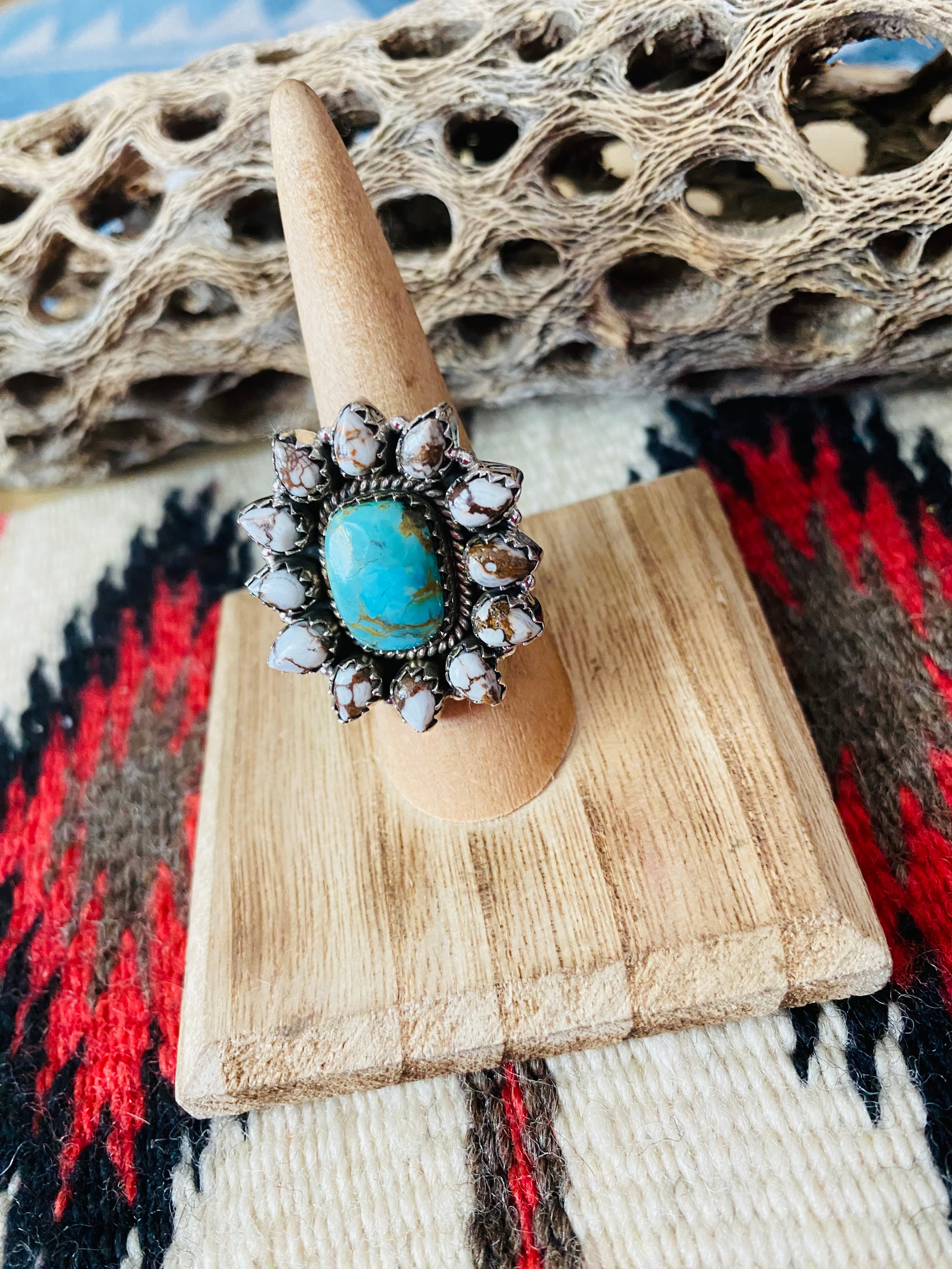 Handmade Sterling Silver, Wild Horse & Turquoise Cluster Adjustable Ring